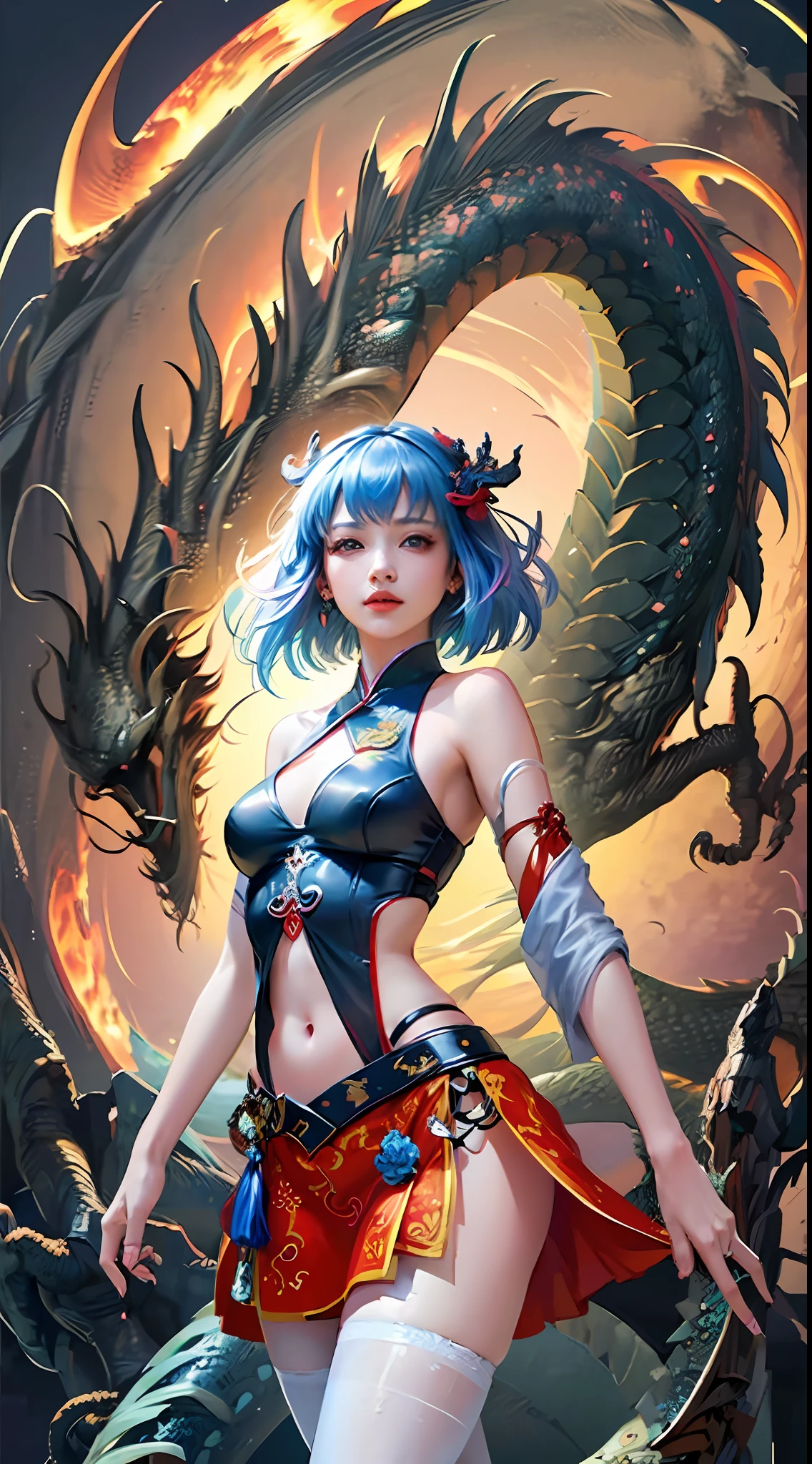 Official Art, Unified 8K Wallpapers, Ultra Detailed, Beautiful and Aesthetic, Masterpiece, Best Quality, (Zentangle, Tangle, Entangle), (fractal art: 1.4), 1girl, black hair, Chinese, bare shoulders, short skirt, calf, navel, very detailed, dynamic angle, cowboyshot, (most beautiful form chaos), flowing, (bright colors), oc, (half: 1.2), china, (thangka flying sky: 1.5), (ribbon: 1.3), (dream: 1.5), (hanfu: 1.5), Chinese dragon, Chinese phoenix, (smile: 0.5), (Chinese deity),