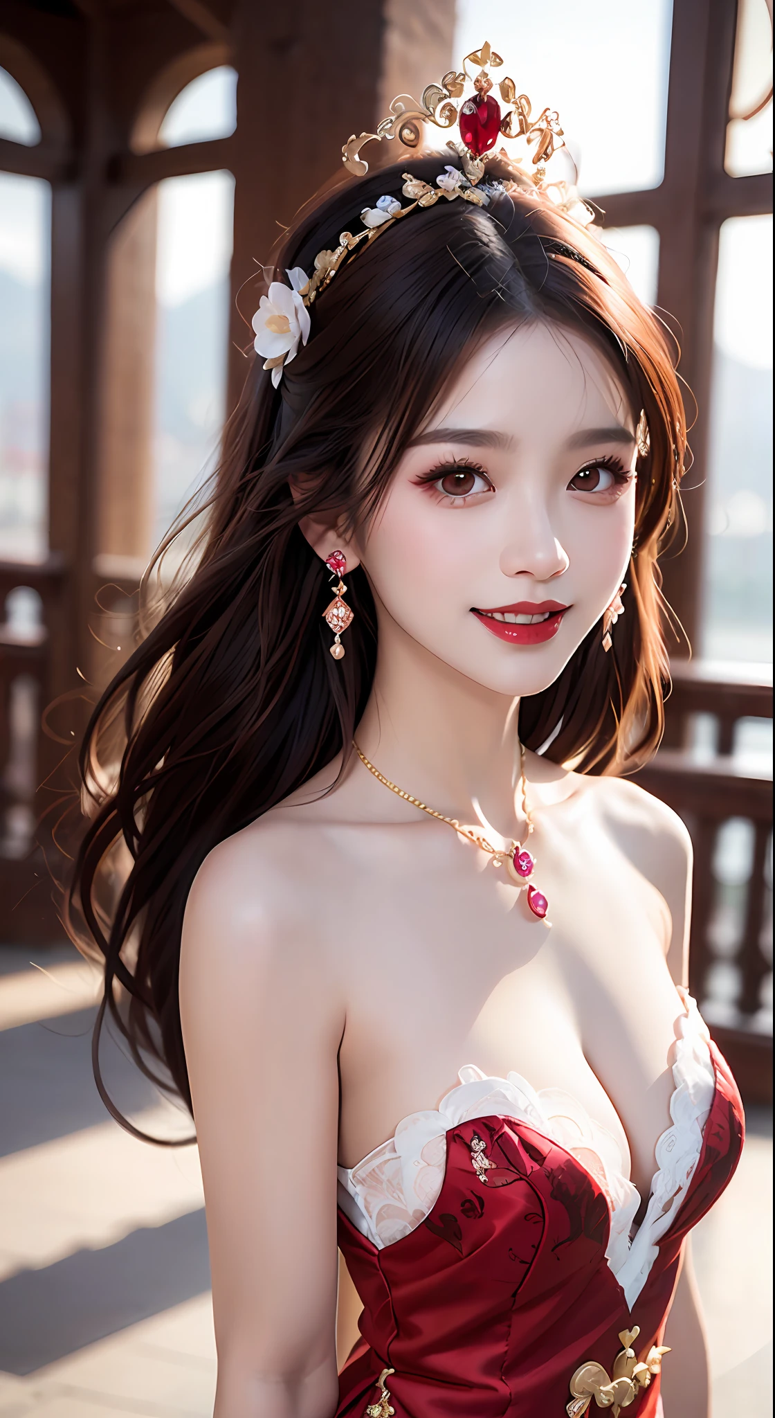 1 young empress wearing red lace top, deep-breasted nightgown, Chinese-style clothes, ancient costumes with many phoenix patterns, flawless white and pink face, crown on her head, black hair hip length, very beautiful and sharp brown eyes, small red lips, painted lips, charming smile, jewelry worn around the neck, earrings, white and even teeth, high nose, big round breasts, elongated legs, thin mesh black socks, portrait, most realistic, highest quality, best pixels, 8k ultra,