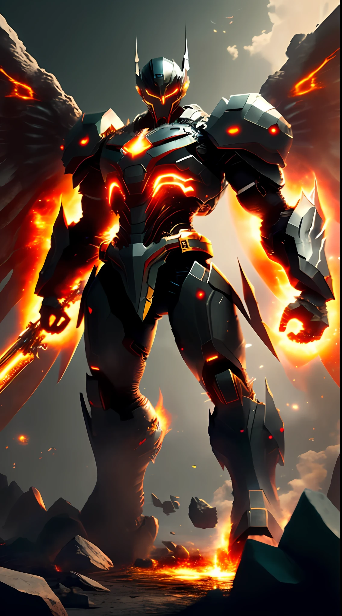 1robot fighting monsters , glowing eyes, glowing armor, red and blue mecha \(mjstyle\) ,zhongfenghua, wings ((cinematic lighting, high key, high contrast, )) (reflective , hard surface, omit details, ) smoke, fire, explosions,energy beams
dynamic angle, dynamic pose , weapon, (photorealistic:1.5) depth of field, sunny sky, strong sunlight, lens glare,
official art, unity 8k wallpaper, ultra detailed, beautiful and aesthetic, realistic, (fractal art), epic scene, highres, (masterpiece), (best quality), pov from below