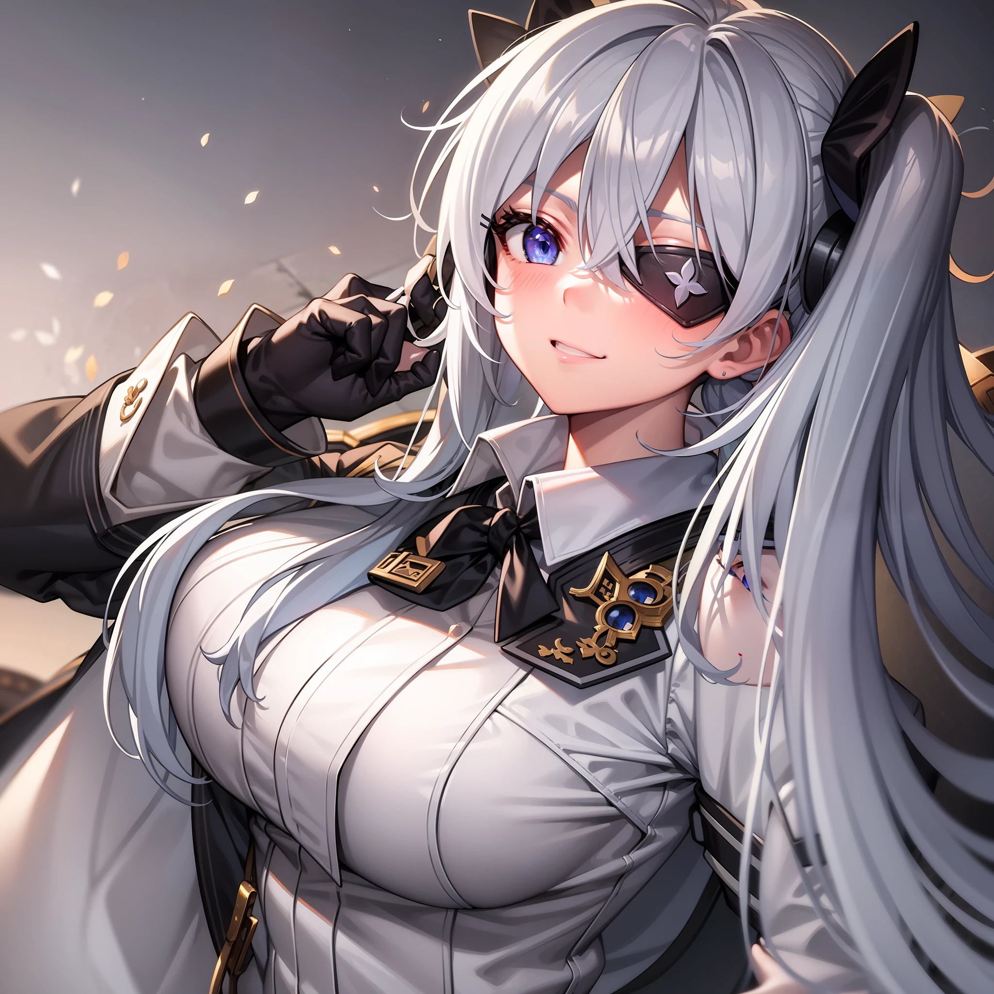 1 girl Silver hair Blue eyes Twin tails Eye patch over left eye Big breasts augmentation Black suit White shirt tie School