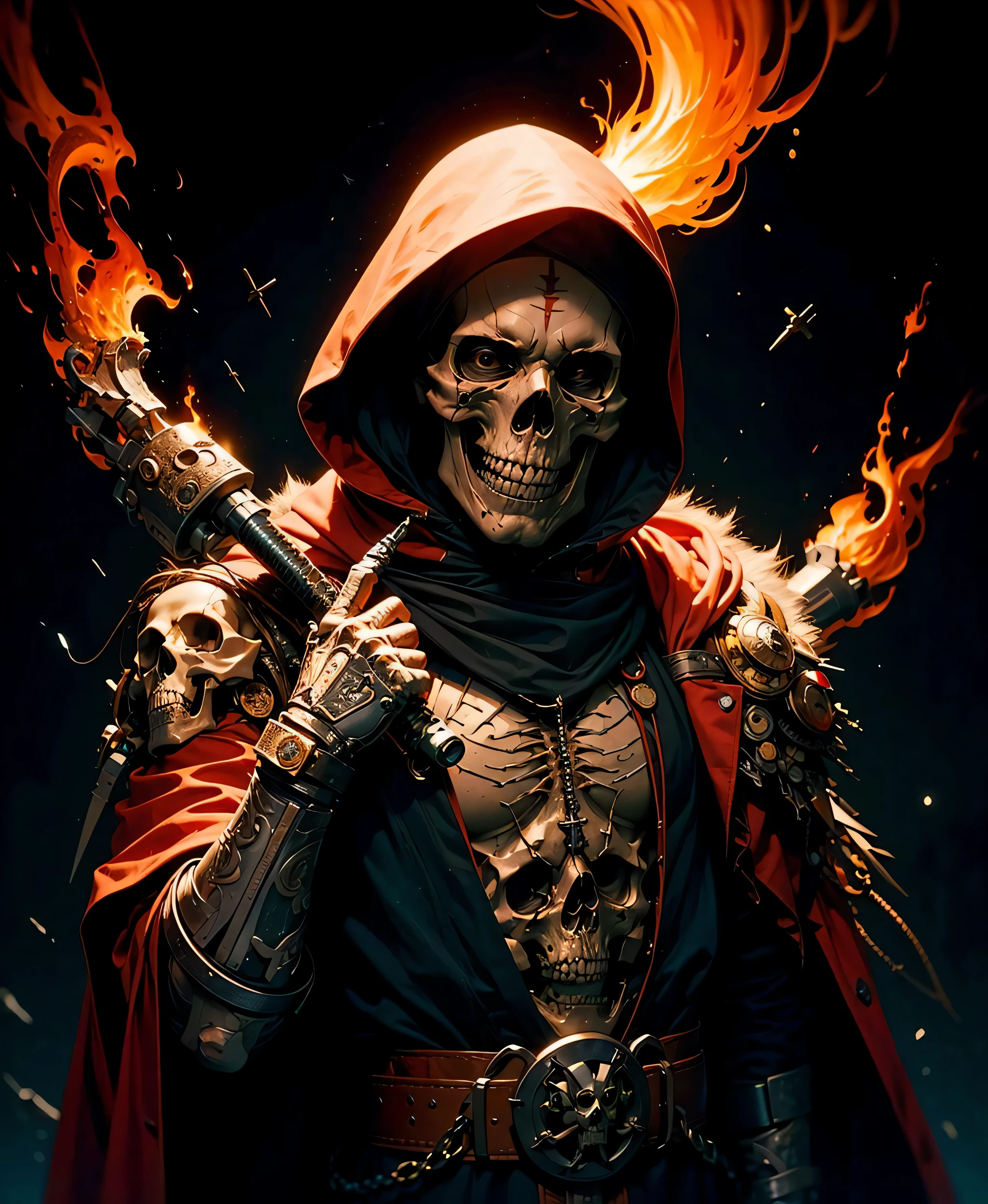 hood, skull, skeleton, solo, 1boy, male focus, fire, robe, hood up, cloak, upper body, copyright name, black background,skull face,skull tattoo on facezdeath,soul,soul reaper , holding a syth,syth welder