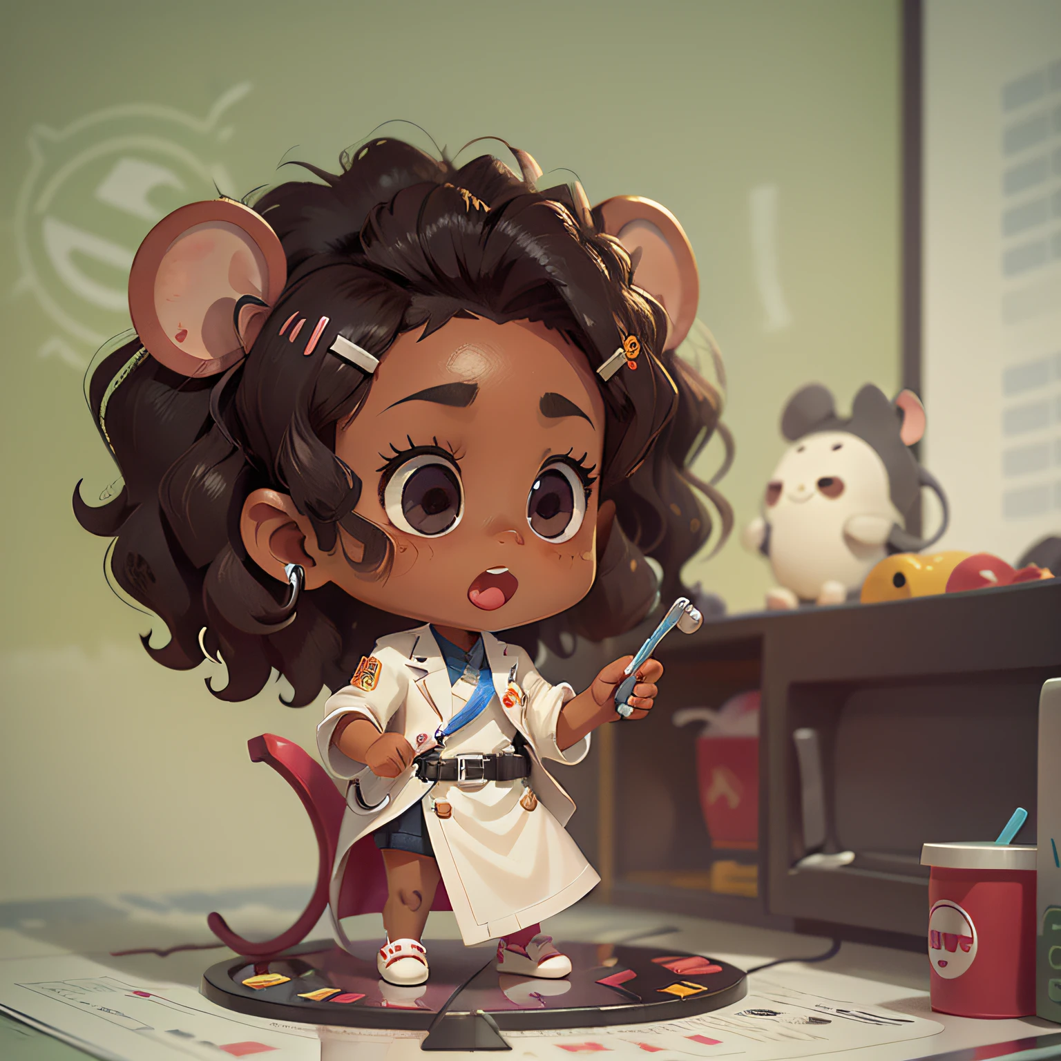 chibi, mouse, cute, dentist, action pose, dark skin, black girl, african etnic, curly hair, white cloth, with a high tech dentist chair, holding leather suit,  bigbadejo, full body, masterpiece, 3D Rendering, Best Quality, Lots of Detail, (plain background), vinyl toy figurine