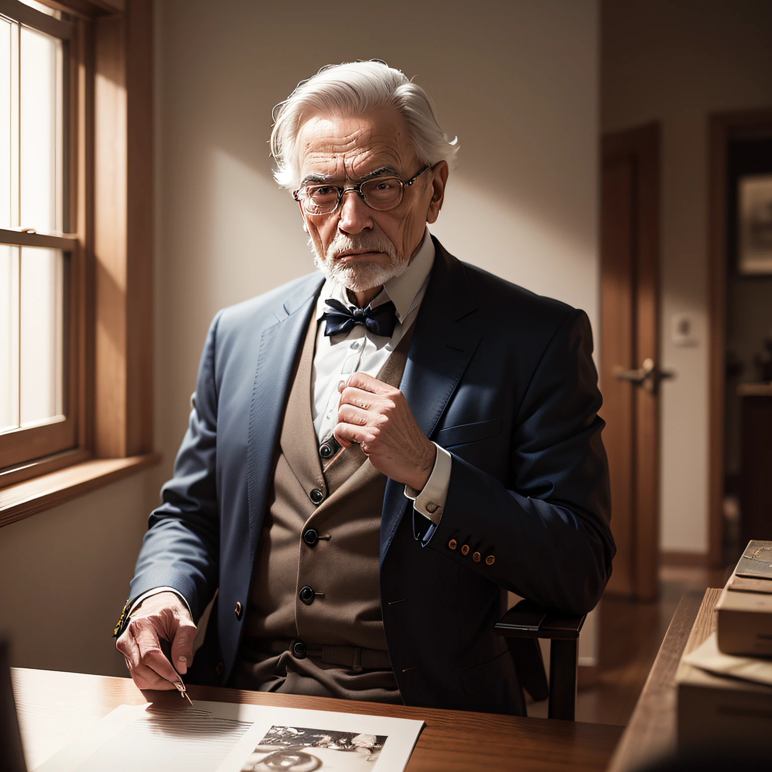 Photo (ultra realistic) of a time traveler who went back to 1920 and began in his saga in 2000. photo with him looking at the picture --auto