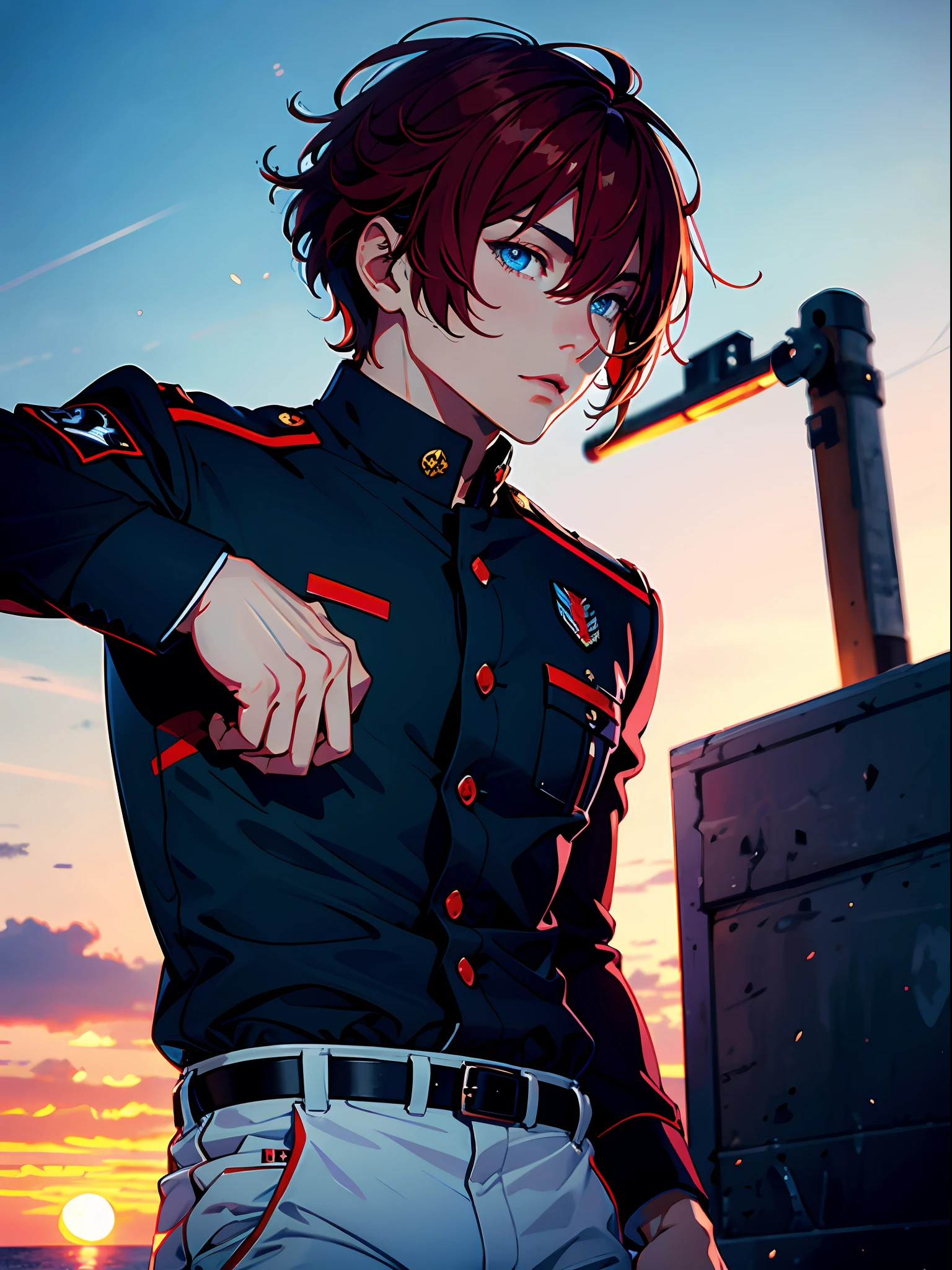 (best quality, masterpiece), close-up, 1 muscular man, alone, (short bright red hair), (ice blue eyes, sharp look), (military suit, black color), white pants, (sunset background)