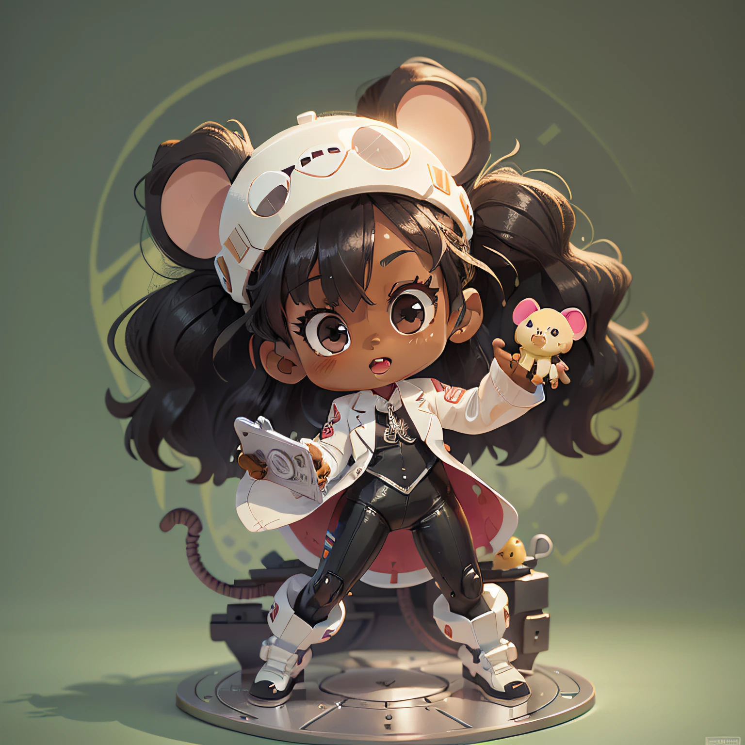 chibi, mouse, cute, dentist, action pose, dark skin, black girl, african etnic, long black curly hair, white cloth, with a high tech dentist chair, holding leather suit,  bigbadejo, full body, masterpiece, 3D Rendering, Best Quality, Lots of Detail, (plain background), vinyl toy figurine