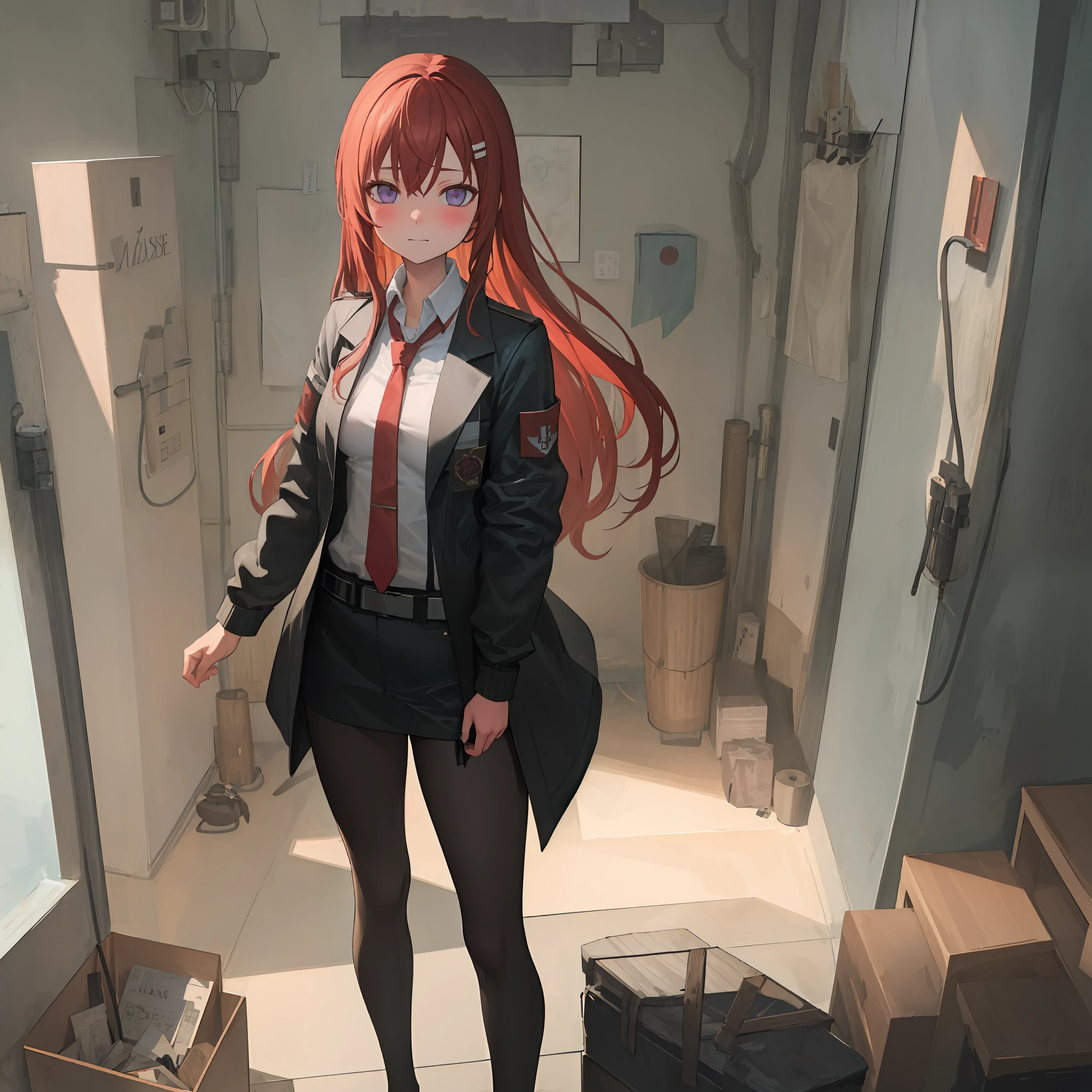 (lasterk:1.3), ((masterpiece,best quality,ultra detailed,8k)),brown_hair,collared_shirt,jacket,long_sleeves,makise_kurisu,standing,red_necktie,solo,1girl,white_shirt,perfect face,red_hair,purple_eyes,((blush)),upper body,(close_mouth)