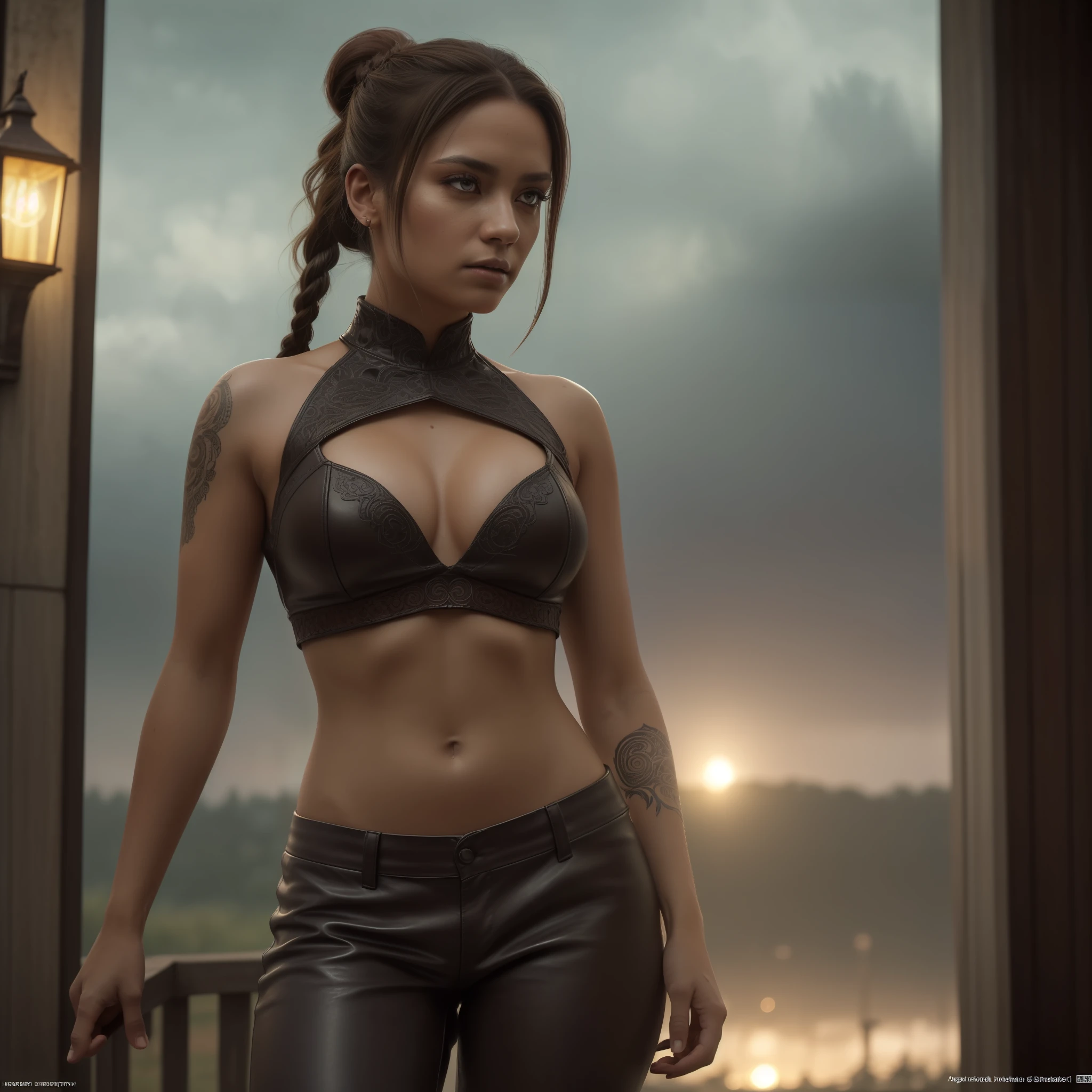 a full body photo, native, indigenous, tribal, natural skin texture, 24mm, 4k textures, dirty skin, soft cinematic light, adobe lightroom, photolab, would be, concentrated,, rain detailed, braided detailed ponytails, tattoos, masterpiece, (beautiful light brown eyes detailed: 1.1), best quality, illustration, (detailed lighting: 1.2), (beautiful detailed brightness: 1.3), leather clothes, ((deep neckline)), perfect breasts, intricate, digital painting, smooth and sharp focus, End of the World, Epic Realistic, (HDR:1.4), (Muted Colors:1.4), Neutral Colors, Night, Refractions of Screen Space, (Intricate Details, Hyperdetailed:1.3), Cinematic Photo, Vignette, Medieval Castle Background, Dark Colors, Vampire Hunter