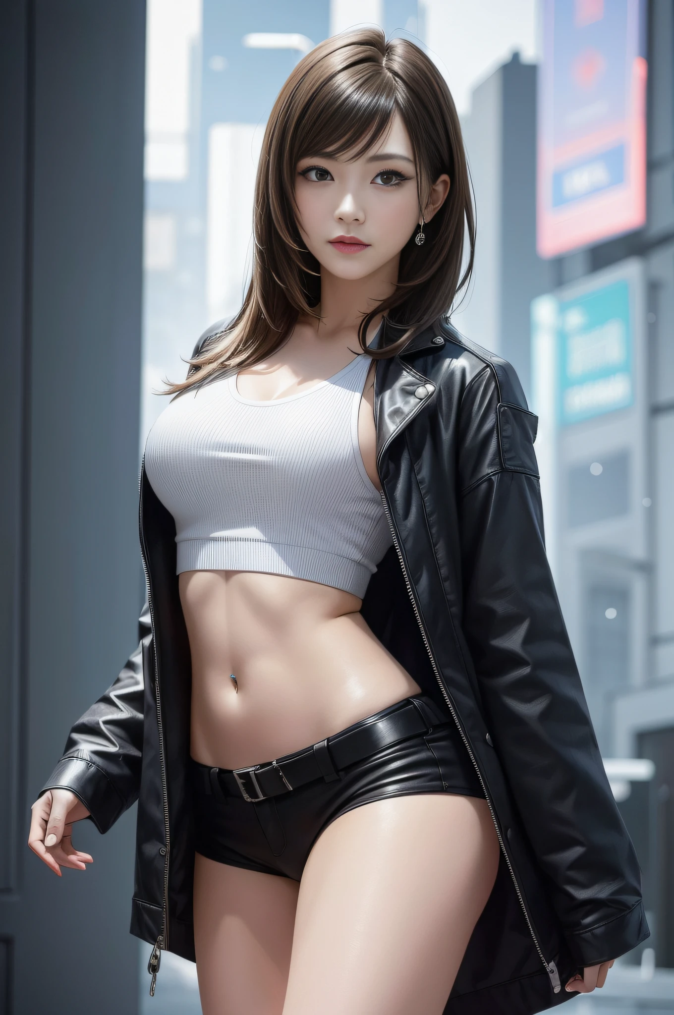 (Top Quality, Masterpiece: 1.1,best quality, 8K, highly detailed), BREAK (((FF7,Tifa))),1girl,face focus:1.2, BREAK ((Light Brown Hair, Large breasts: 1.2)), BREAK (cyberpunk, depth of field, blur background,), BREAK ((cyberpunk:1.3)),(No Bra) (Small and beautiful hard nipple), clothed,(shiny oiled skin: 1.4), about 18 years old, BREAK sexy pose