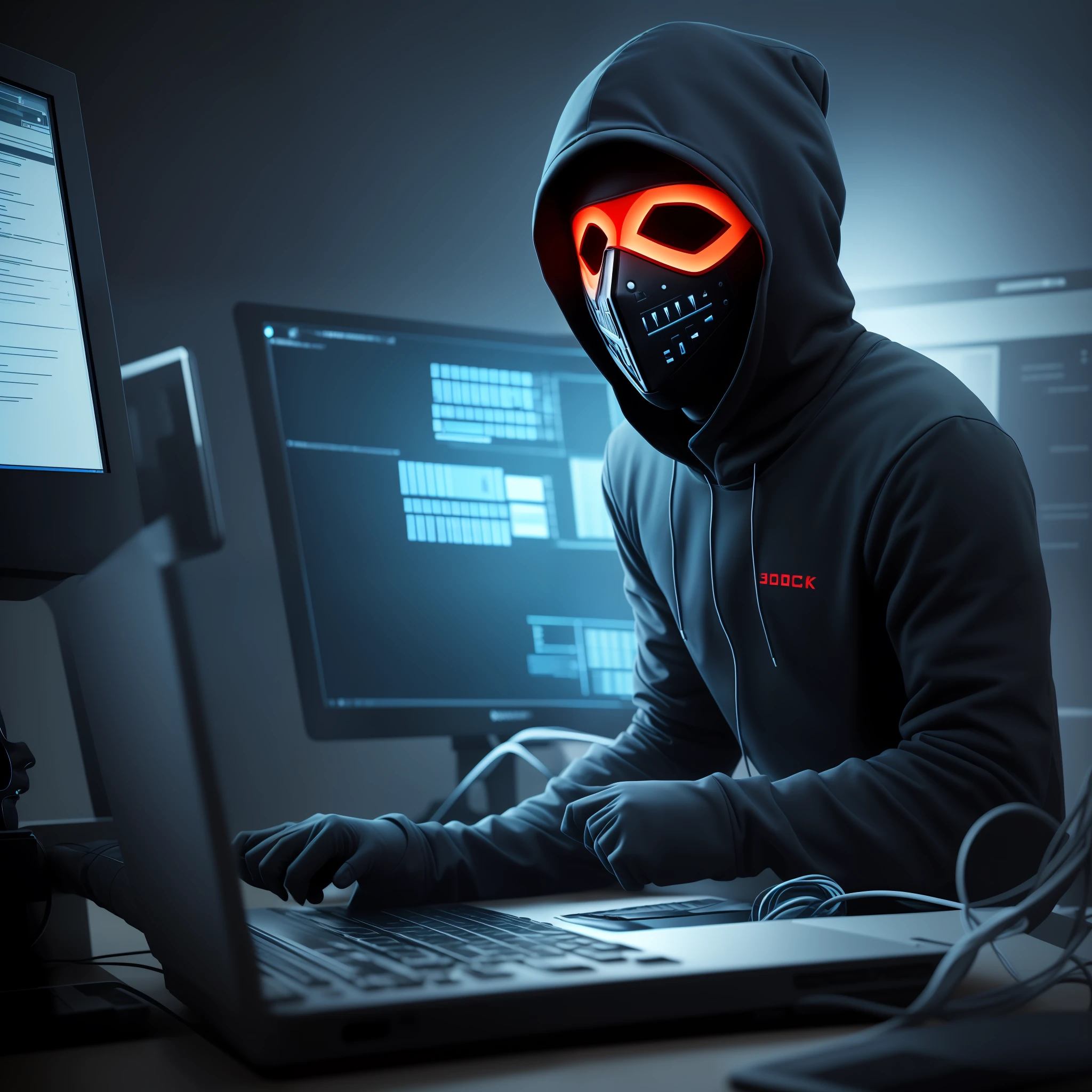 A 1 hacker , ((A computer)) , Dark environment, Scary mask