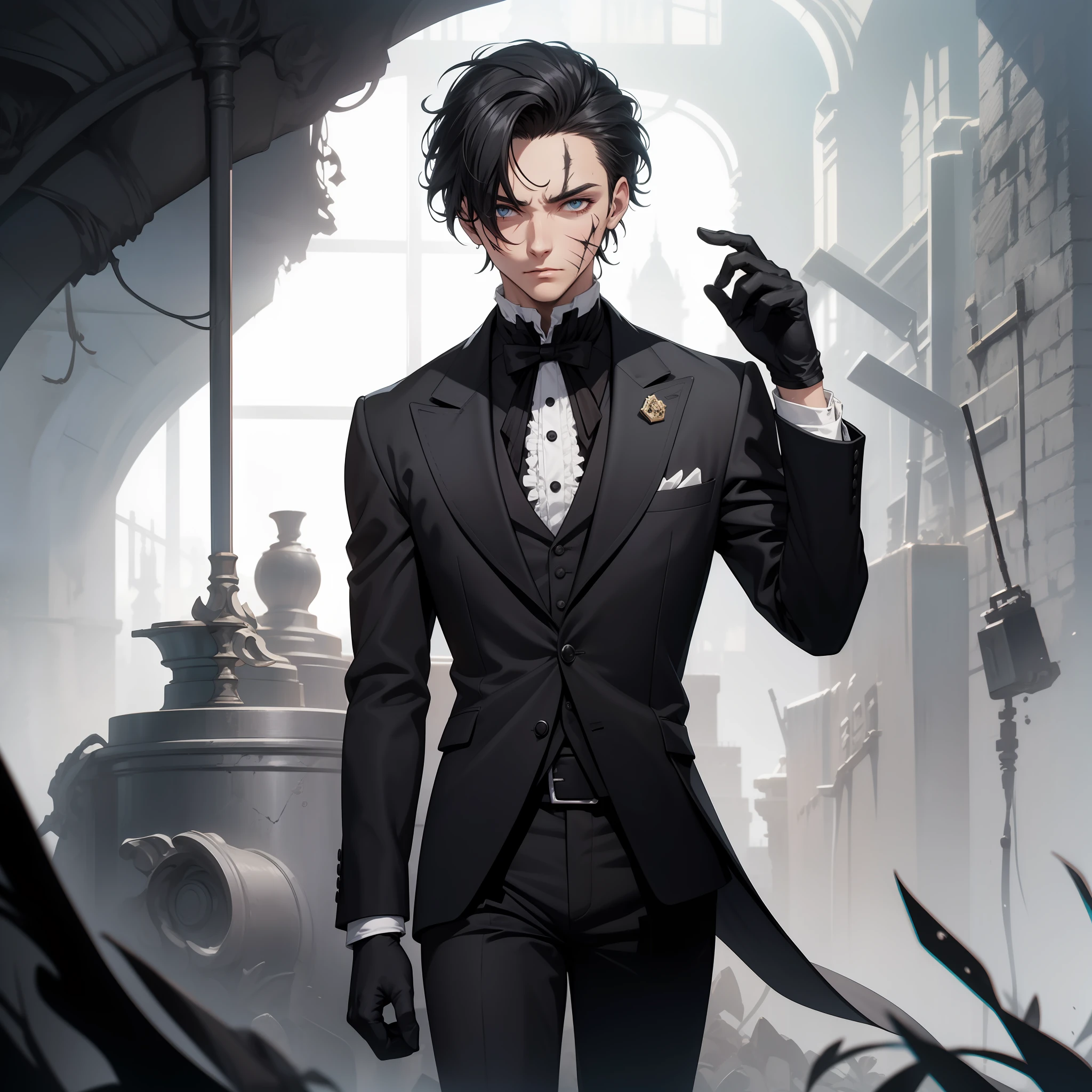 solo male, black suit, black pants, black gloves, slicked back hair, black hair, scar across face, hollowed left eye, Victorian setting, full body view