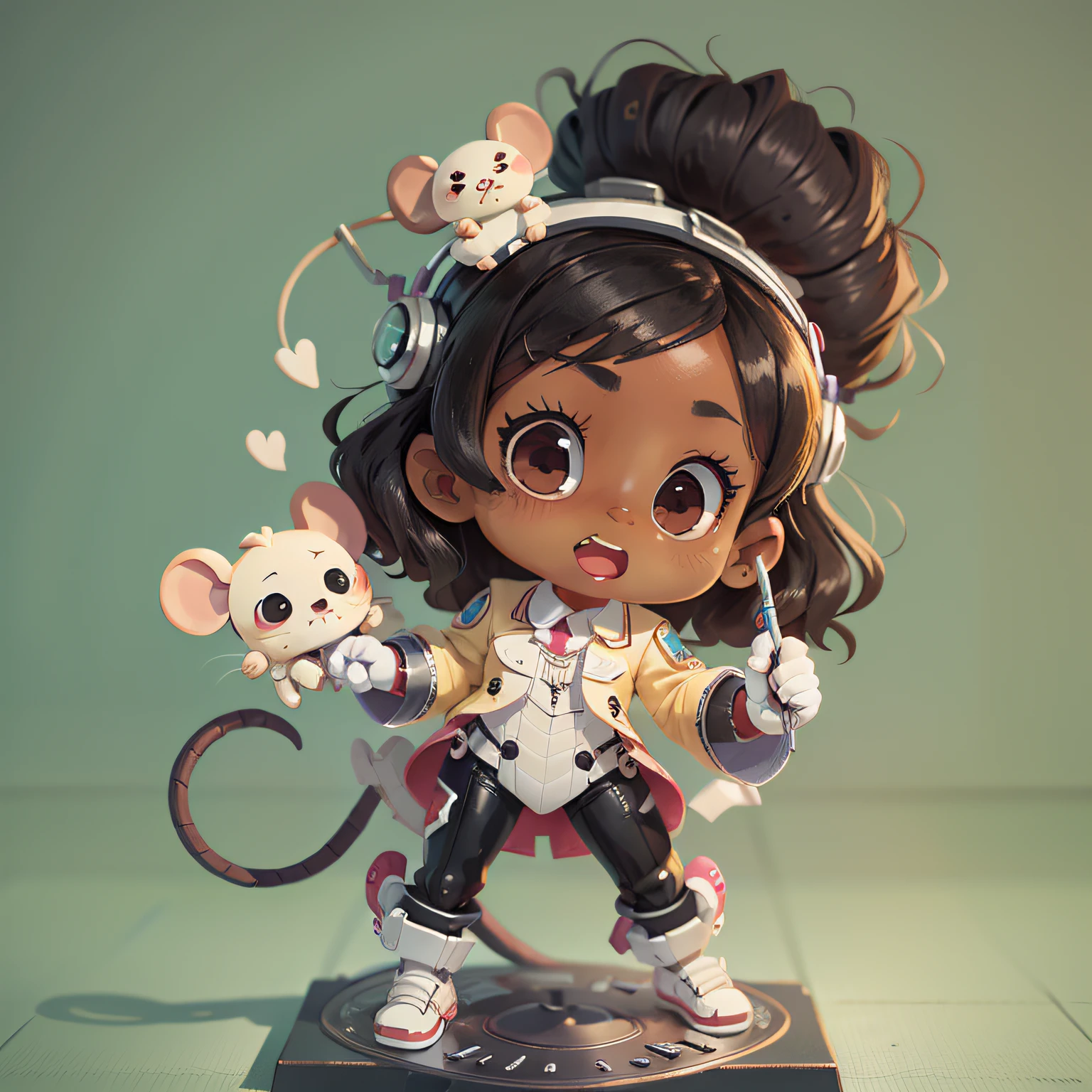 chibi, mouse, cute, dentist, action pose, dark skin, black girl, african etnic, long black curly hair, white cloth, with a high tech dentist chair, holding leather suit,  bigbadejo, full body, masterpiece, 3D Rendering, Best Quality, Lots of Detail, (plain background), vinyl toy figurine