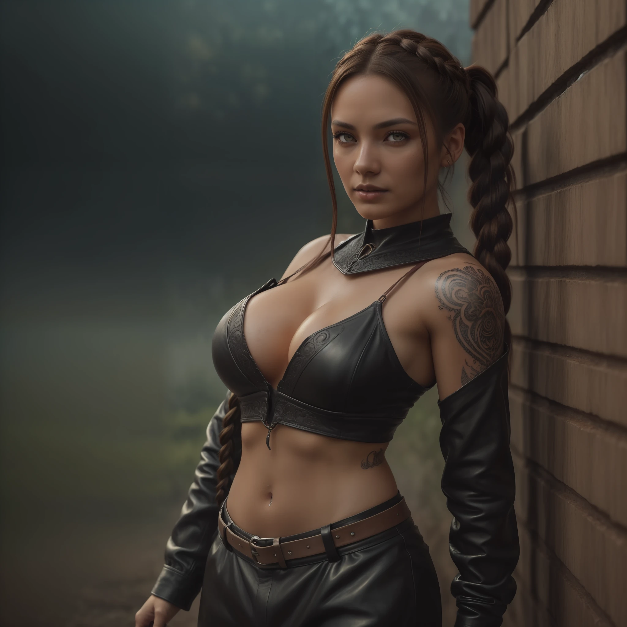 a full body photo, native, indigenous, tribal, natural skin texture, 24mm, 4k textures, dirty skin, soft cinematic light, adobe lightroom, photolab, would be, concentrated,, rain detailed, braided detailed ponytails, tattoos, masterpiece, (beautiful light brown eyes detailed: 1.1), best quality, illustration, (detailed lighting: 1.2), (beautiful detailed brightness: 1.3), leather clothes, ((deep neckline)), perfect breasts,  intricate, digital painting, smooth and sharp focus, End of the World, Epic Realistic, (HDR:1.4), (Muted Colors:1.4), Neutral Colors, Night, Refractions of Screen Space, (Intricate Details, Hyperdetailed:1.3), Cinematic Photo, Vignette, Medieval Castle Background, Dark Colors, Vampire Hunter