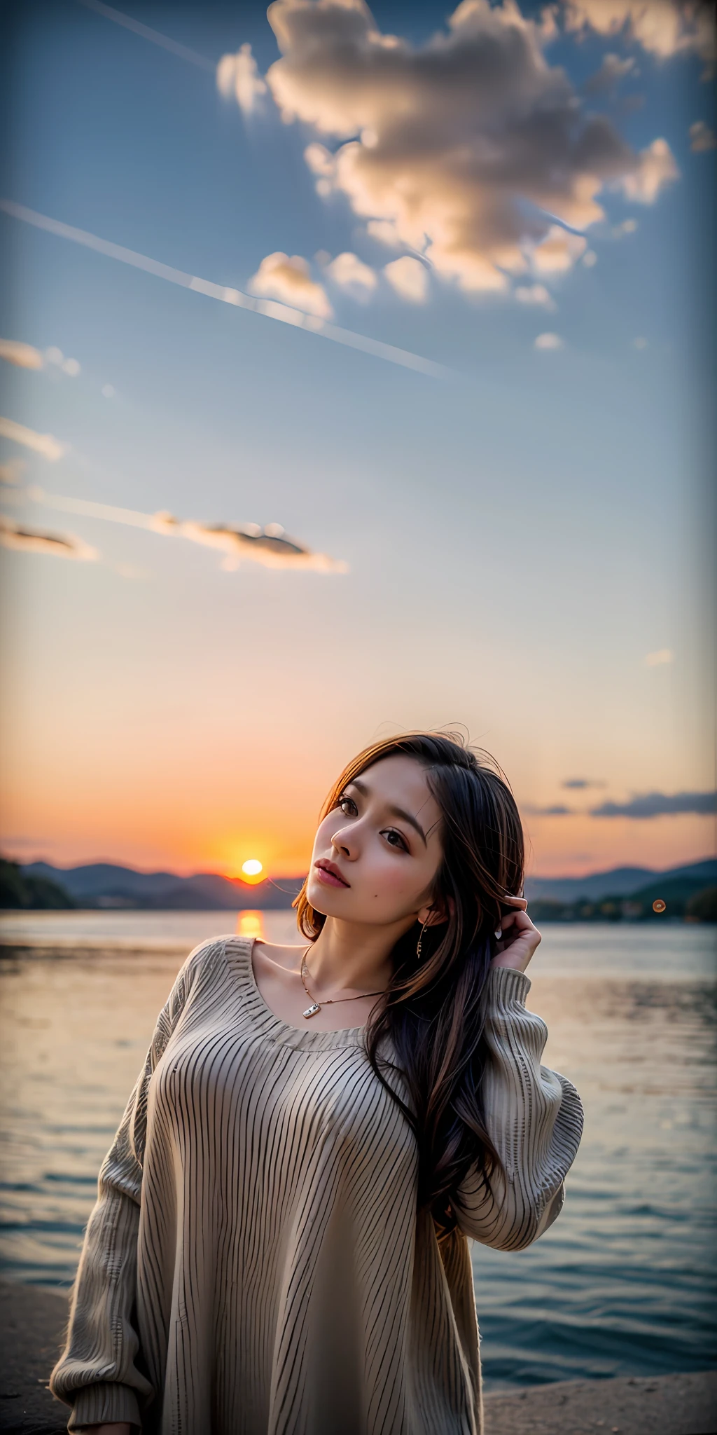 (Best quality, 8k, 32k, Masterpiece, UHD:1.2),Sony A7R4, Zessie 50mm F1.8, Photo of Pretty indonesian woman, huge breasts, long hair,upper body, oversized_sweater, necklace, lake background, from above, sunset, looking into the distance, --s2