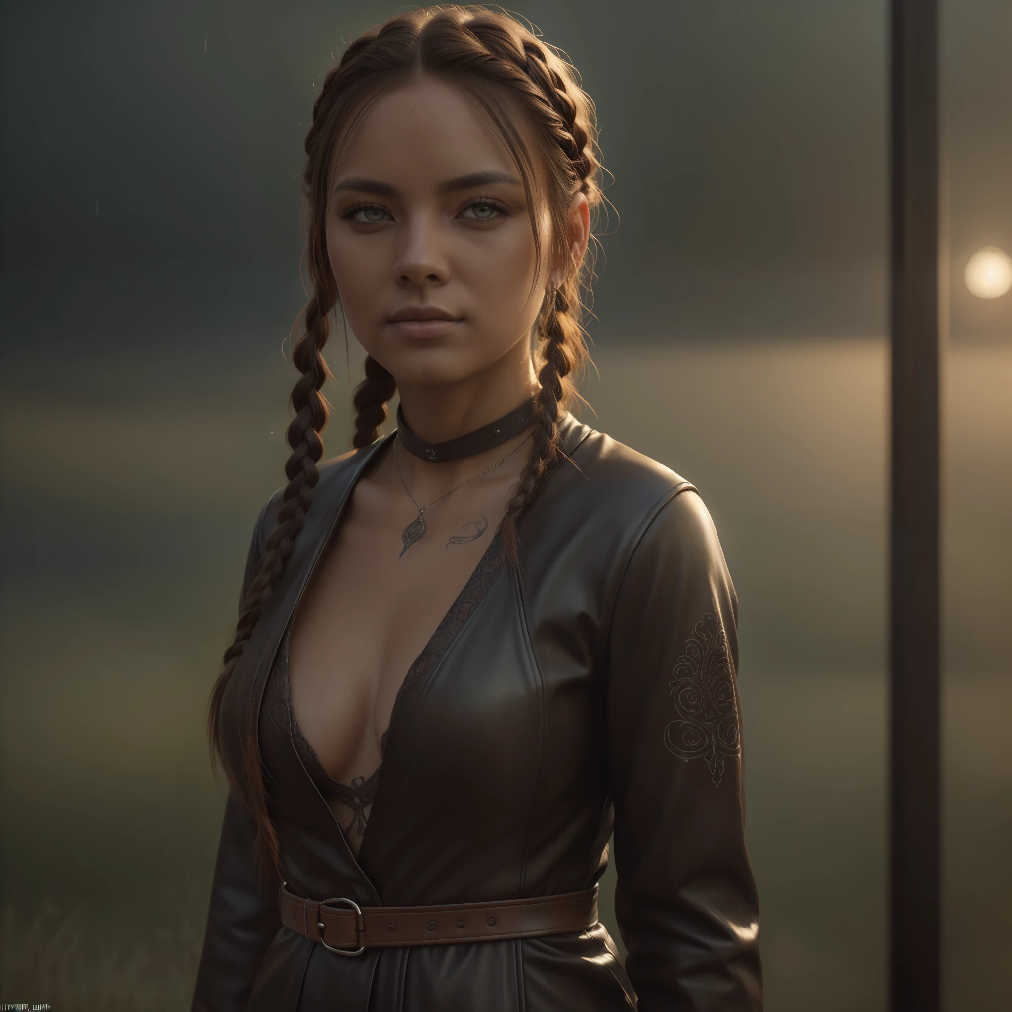 a full body photo, native, indigenous, tribal, natural skin texture, 24mm, 4k textures, dirty skin, soft cinematic light, adobe lightroom, photolab, would be, concentrated,, rain detailed, braided detailed ponytails, tattoos, masterpiece, (beautiful light brown eyes detailed: 1.1), best quality, illustration, (detailed lighting: 1.2), (beautiful detailed brightness: 1.3), leather clothes, ((deep neckline)), perfect breasts,  intricate, digital painting, smooth and sharp focus, End of the World, Epic Realistic, (HDR:1.4), (Muted Colors:1.4), Neutral Colors, Night, Refractions of Screen Space, (Intricate Details, Hyperdetailed:1.3), Cinematic Photo, Vignette, Medieval Castle Background, Dark Colors, Vampire Hunter
