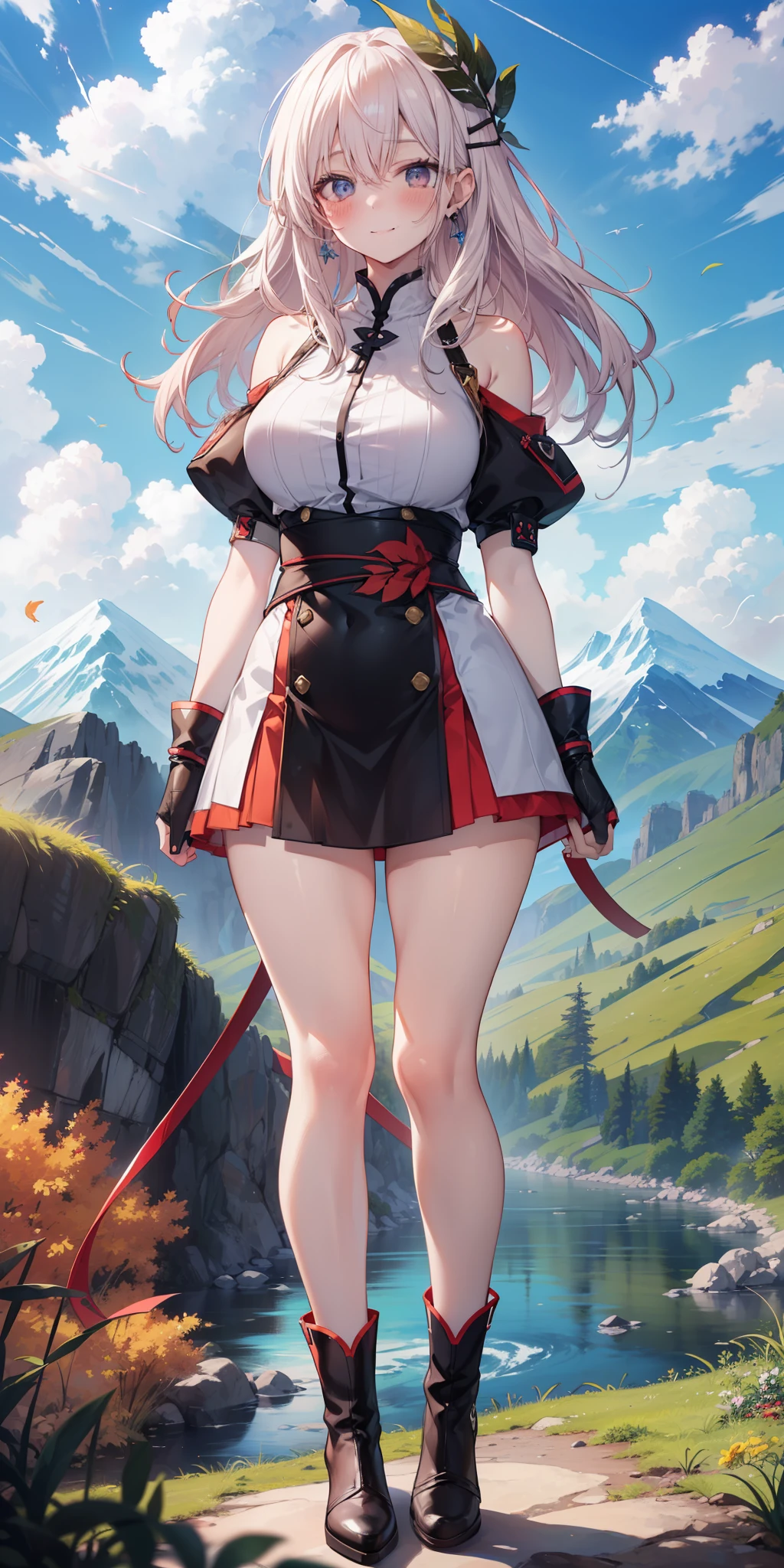 ((masterpiece)), ((best quality)), ((anime)) girl, (Lightning character (Final Fantasy), ((beautiful body)), pale skin, ((eyes)), eyebrow, (( ear)), happy, smile, hair, ((hair lights effect)), ((clothing)), (arms), thin waist, ((thick legs)), ((big thigh)), standing, ((background scenery)), ((seeing)), ((hair blowing)), ((field)), ((mountain)), ((rivers in the background)), ((leaves flying)), (( beautiful day)), pov, ((viewer view)), ((want to hug)), ((blush)), lustful,