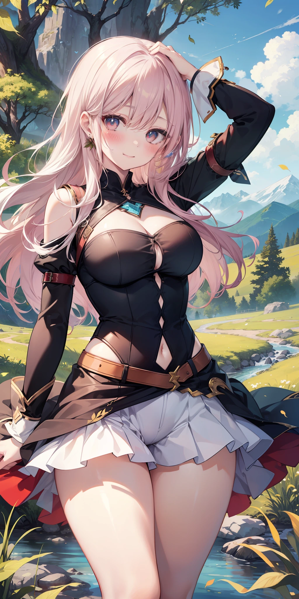 ((masterpiece)), ((best quality)), ((anime)) girl, (Lightning character (Final Fantasy), ((beautiful body)), pale skin, ((eyes)), eyebrow, (( ear)), happy, smile, hair, ((hair lights effect)), ((clothing)), (arms), thin waist, ((thick legs)), ((big thigh)), standing, ((background scenery)), ((seeing)), ((hair blowing)), ((field)), ((mountain)), ((rivers in the background)), ((leaves flying)), (( beautiful day)), pov, ((viewer view)), ((want to hug)), ((blush)), lustful,