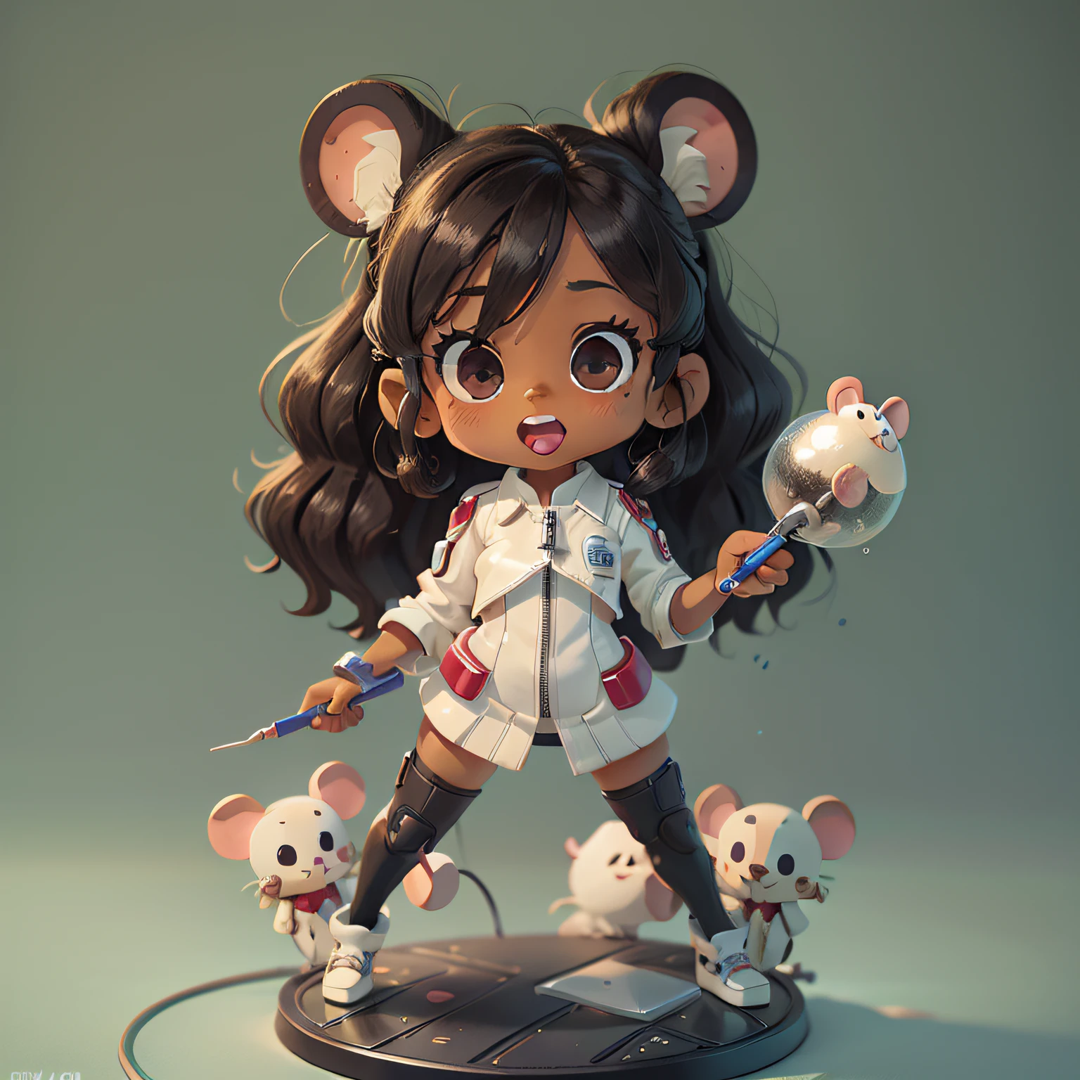 chibi, mouse, cute, dentist, action pose, dark skin, black girl, african etnic, long black curly hair, white cloth, with a high tech dentist chair, holding leather suit, bigbadejo, full body, masterpiece, 3D Rendering, Best Quality, Lots of Detail, (plain background), vinyl toy figurine