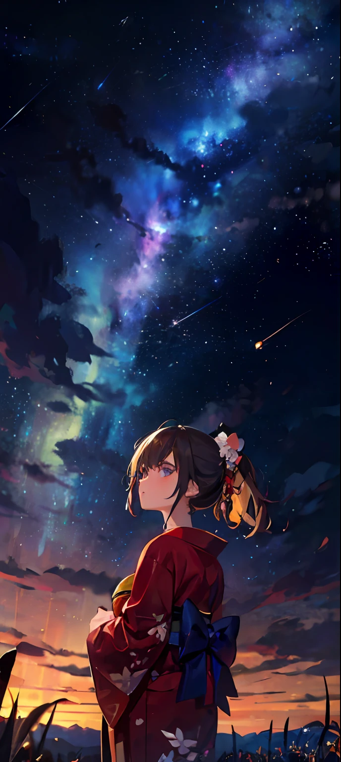 1girl, a distant girl in a kimono staring at the stars, (zoomed out: 1.1), (meteor shower: 1.2), (comet: 1.1), your name, low angle, from behind, northern lights, shooting stars, yukata, red kimono, cherry blossoms, Standing in the field, best quality, masterpiece, cloud, colorful, starry, stars,