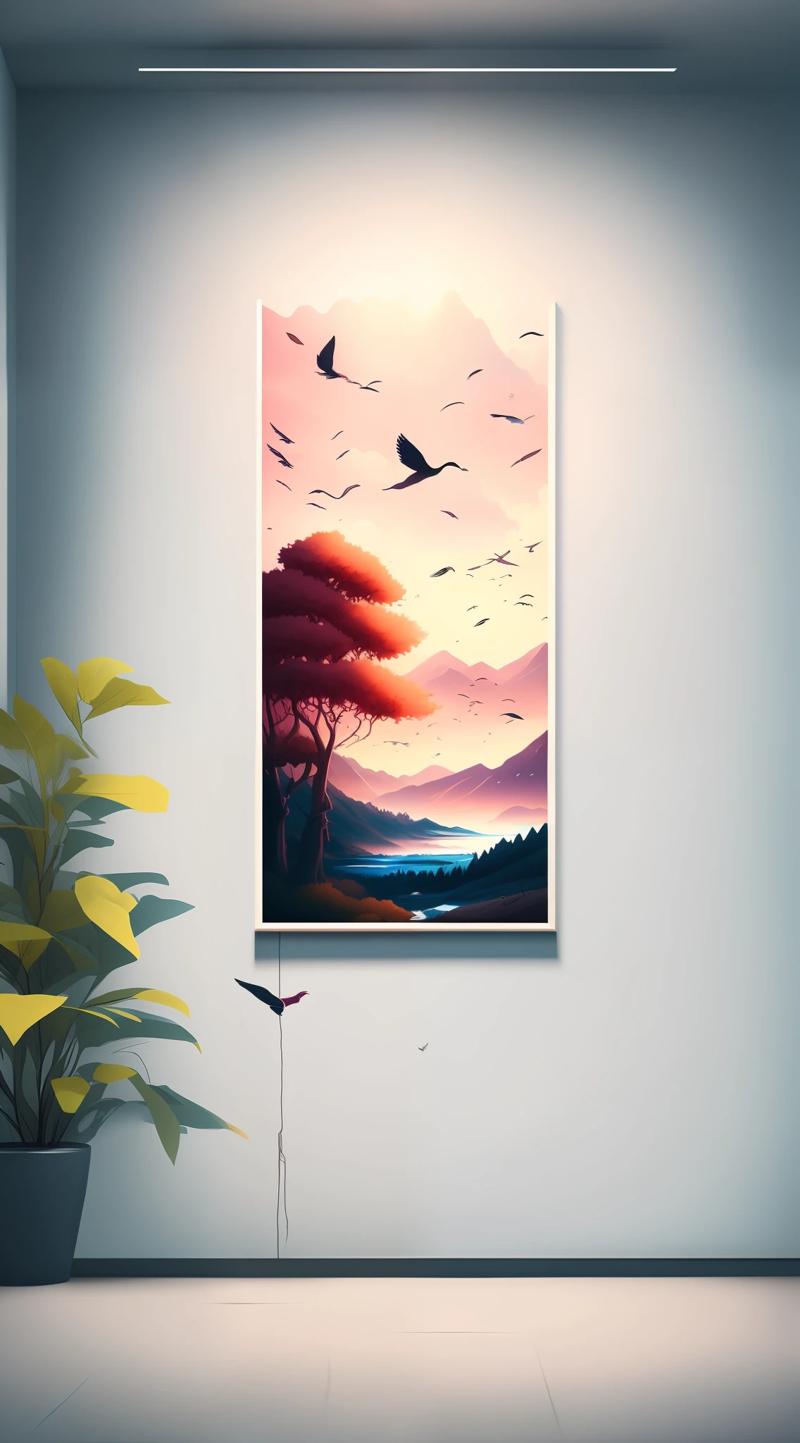 there is a painting of a beautiful mountain lake with birds flying in the sky, detailed scenery —width 672, beautifull puffy clouds. anime, anime landscape wallpaper, anime clouds, anime landscape, beautiful anime scenery, anime beautiful peace scene, beautiful anime scene, fluffy pink anime clouds, ross tran. scenic background, anime sky, anime scenery, anime background