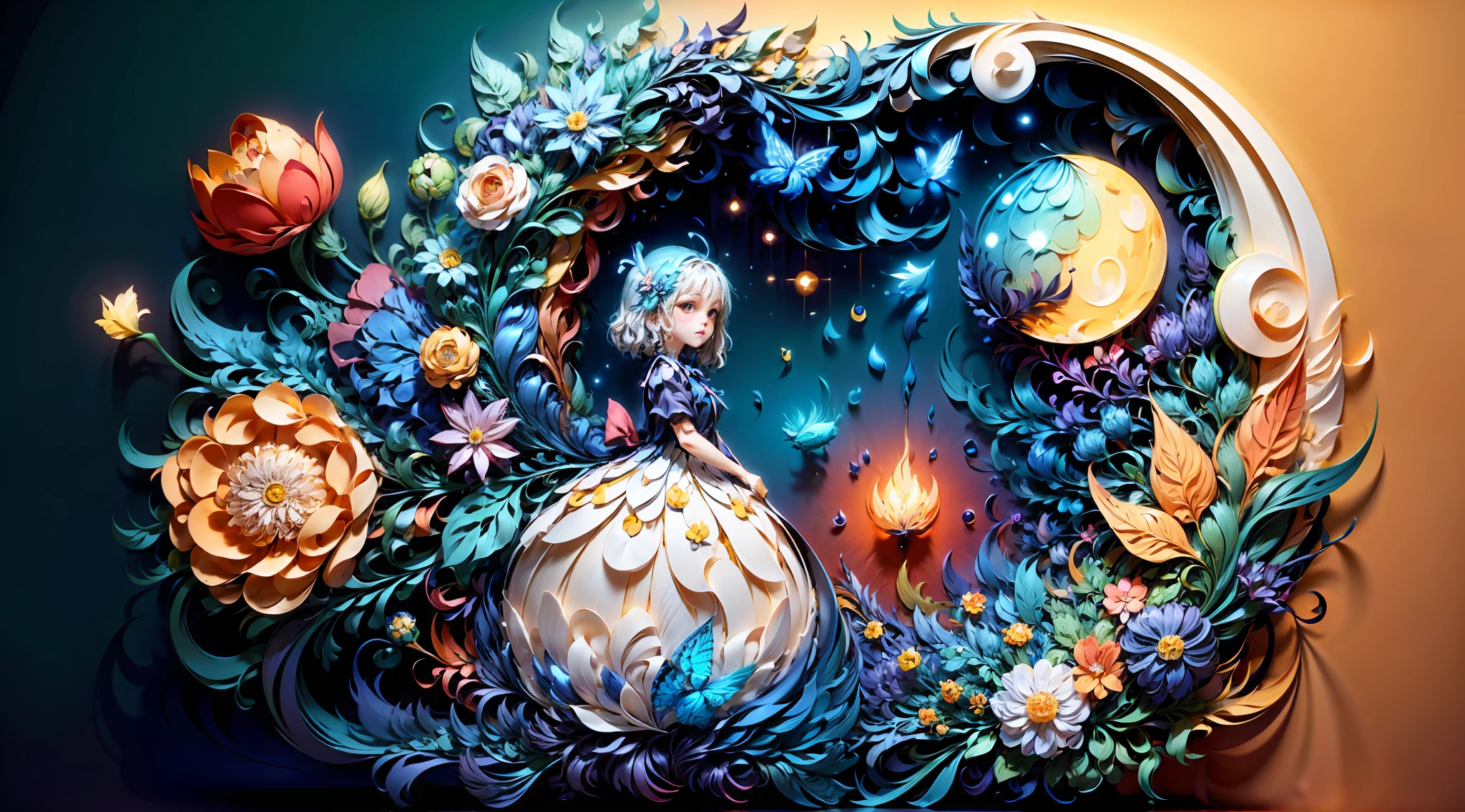 Paper art style, paper quilting, rich colors, crystal color, color contrast, creative composition, blue glowing moon, forest, big butterfly, flower, firefly, (1 cute girl), best quality, very detailed, official art