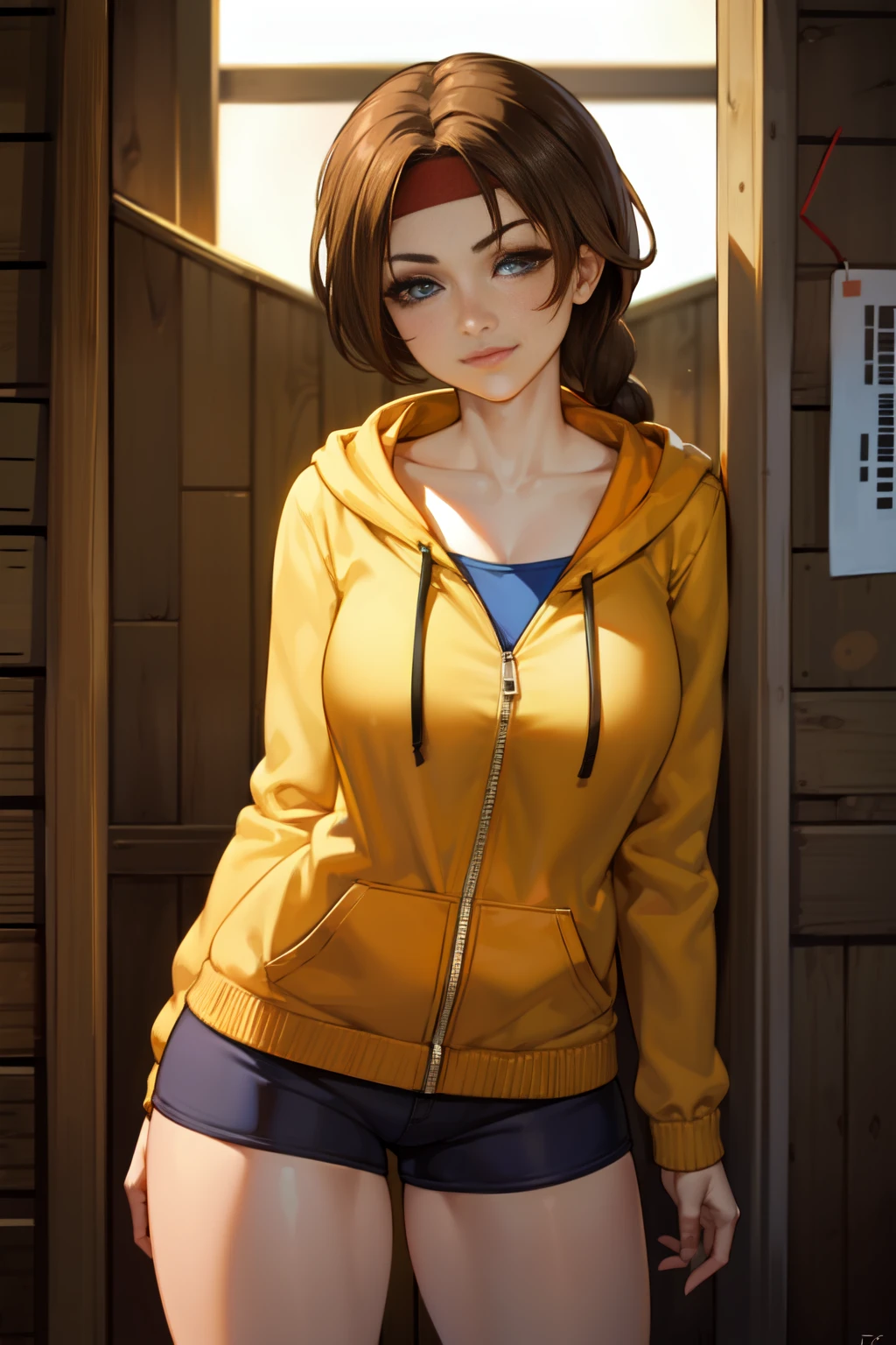 (Masterpiece, Best Quality:1.2), Solo, 1girl, Smirk, Looking at the Viewer, Realistic Eyes, bandana, long braid, Best Quality, Closed Mouth, Beautiful Lighting, Cinematic, 8K, Facial, Liner, Wooden Walls, Big Tits, Yellow Hoodie, Short Shorts, Wide Thighs, Erotica