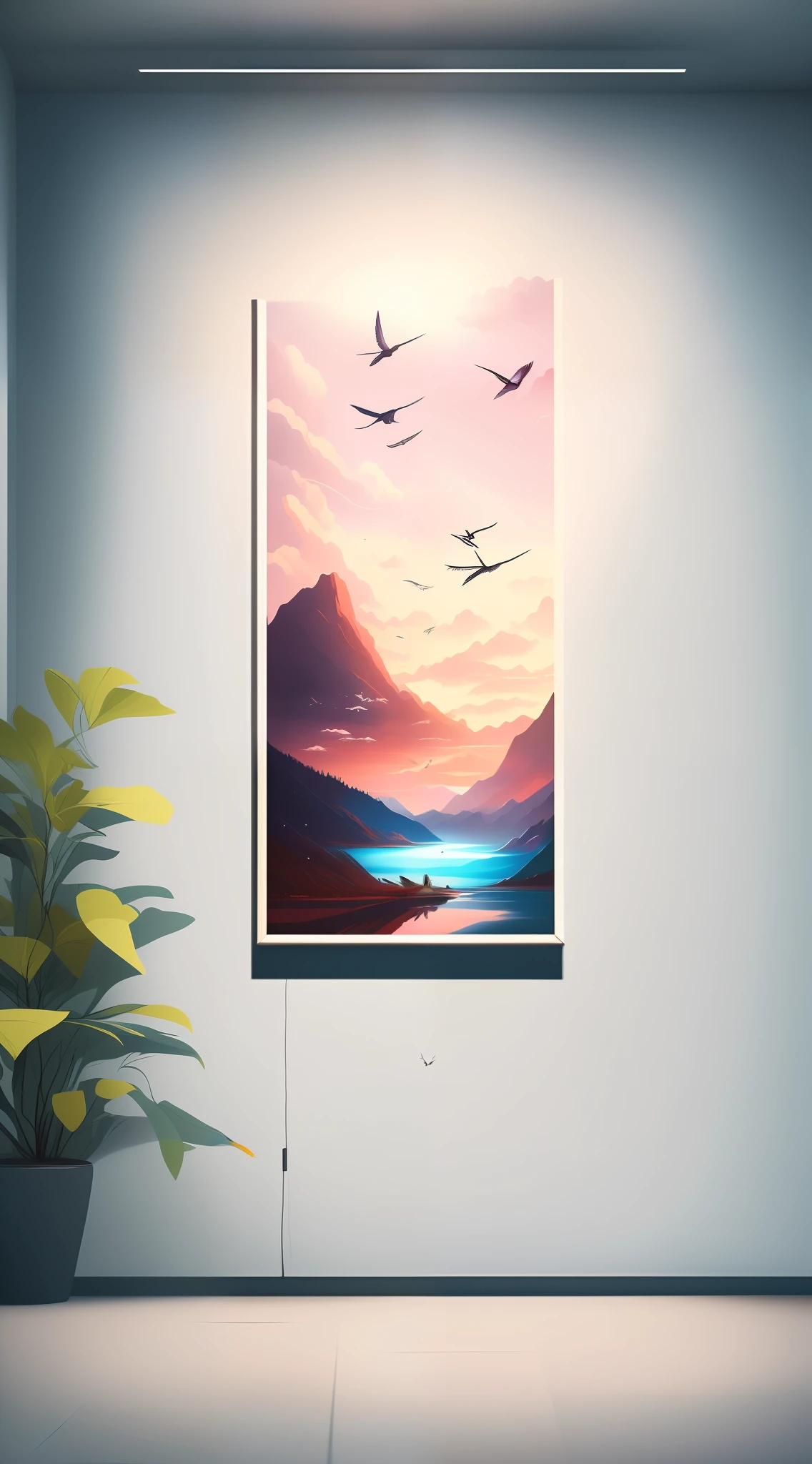 there is a painting of a beautiful mountain lake with birds flying in the sky, detailed scenery —width 672, beautifull puffy clouds. anime, anime landscape wallpaper, anime clouds, anime landscape, beautiful anime scenery, anime beautiful peace scene, beautiful anime scene, fluffy pink anime clouds, ross tran. scenic background, anime sky, anime scenery, anime background