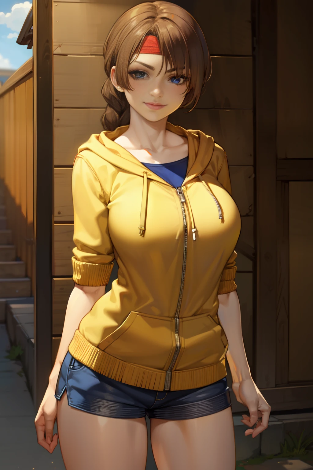 (Masterpiece, Best Quality:1.2), Solo, 1girl, Smirk, Looking at the Viewer, Realistic Eyes, bandana, long braid, Best Quality, Closed Mouth, Beautiful Lighting, Cinematic, 8K, Facial, Liner, Wooden Walls, Big Tits, Yellow Hoodie, Short Shorts, Wide Thighs, Erotica