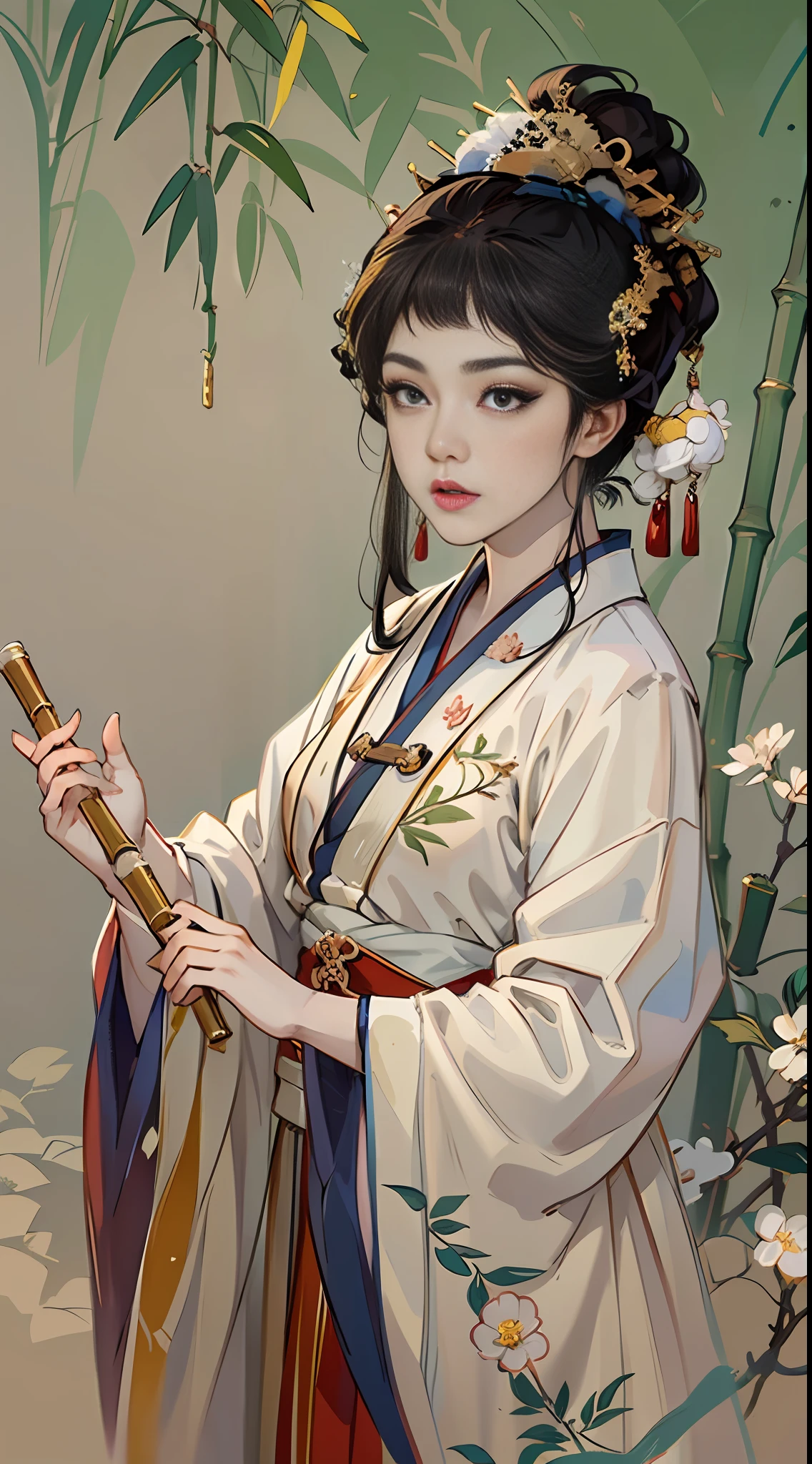 Playing Dizi (Chinese Musical Instrument Bamboo Flute), Woman in the Bamboo Forest (Gorgeous Embroidered Hanfu), Chinese Musical Instrument, Blowing Bamboo Flute, Parted Bangs, Ponytail, Foaming, Elbow Pad, Black Headband, Pupil Diasis, Eyeball, Amber Eyes, Symmetry, First Person View, 85mm, Masterpiece, Textured Skin, High Detail, Best Quality