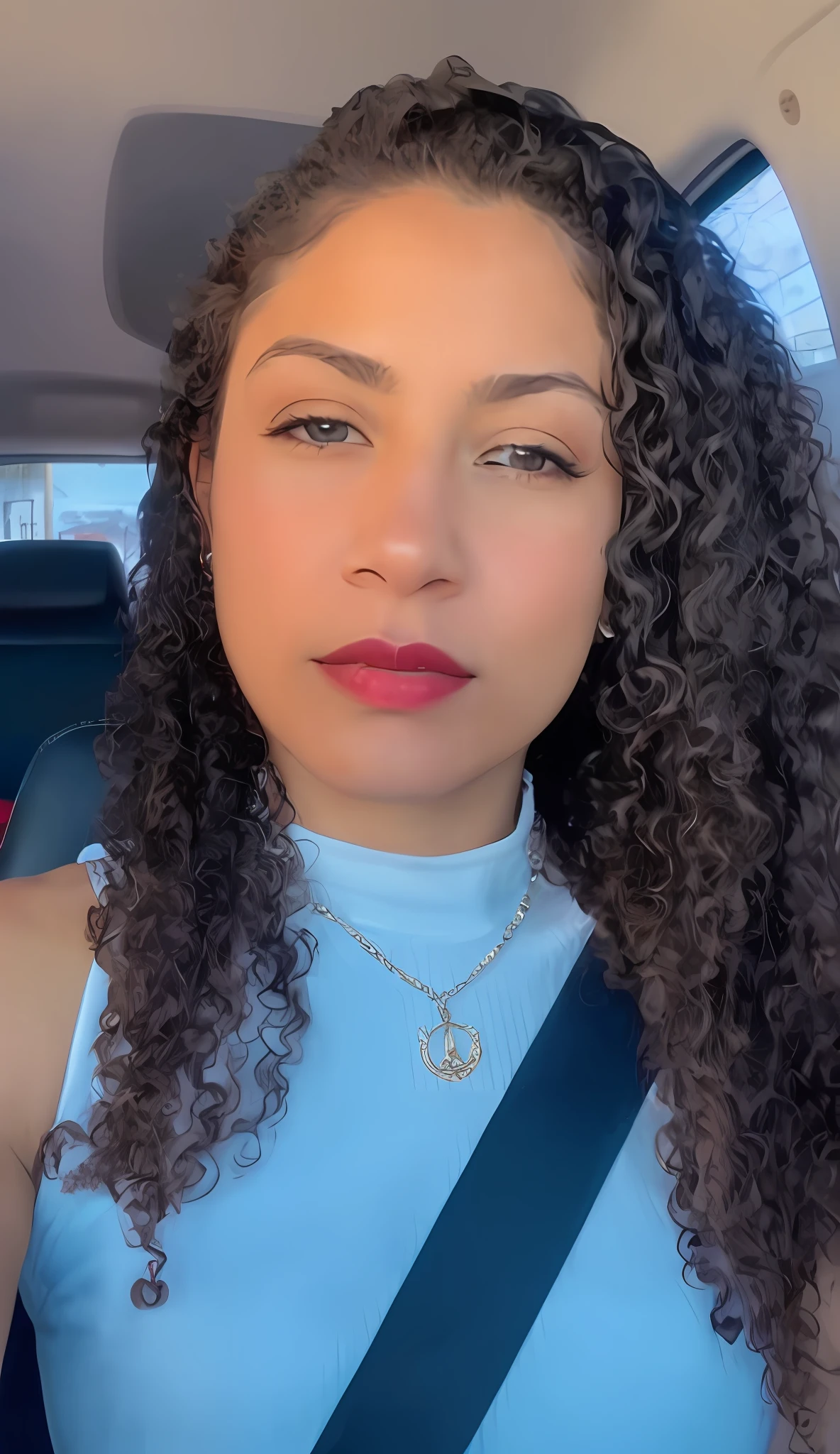 A closeup of a woman with long curly hair in a car, taken in early 2020, 30-year-old woman from Cuba, profile picture, profile picture, taken on 2 0 2 0, TikTok video, Instagram Story, wears an Egyptian ankh necklace, selfie of a young woman, headshot profile picture, red lipstick, facial harmonization