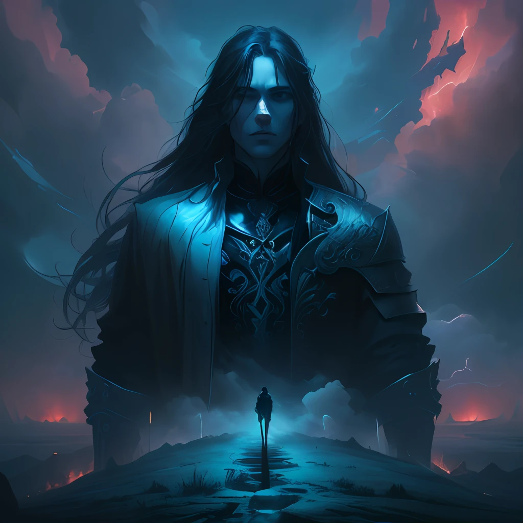 there is a man standing on a hill with a sky background, dark fantasy style art, in style of dark fantasy art, dark fantasy illustration, neoartcore and charlie bowater, charlie bowater character art, charlie bowater art style, an ominous fantasy illustration, epic fantasy digital art style, digital 2d fantasy art, dark fantasy mixed with realism