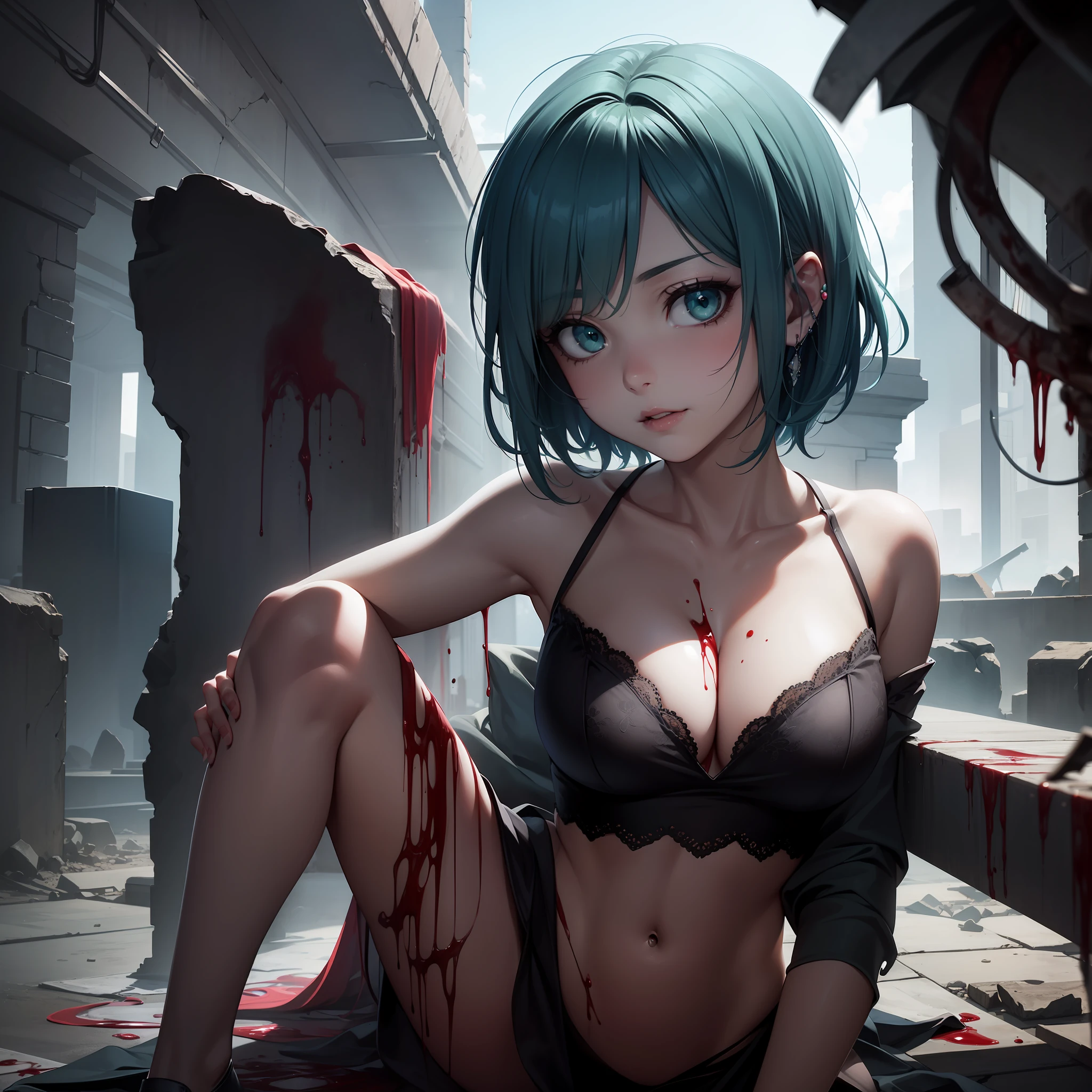 1 Woman, Aesthetic: 1.2), (High Resolution, Absurd Resolution, 8K Resolution, 4K Resolution: 1.3), (Complex, Complex, Retouched Images, HDR: 1.8), (Sharp Focus: 1.5), (Digital Painting: 0.8), (Anime: 1.8), Color Grade, Portrait, Soft Lighting, Intense Shadows, Detailed Background, Ruins, Blood, Zombie Girl, Slender Waist, Sexy Legs, big, horror, mint green hair, short hair, blue eyes, real horror