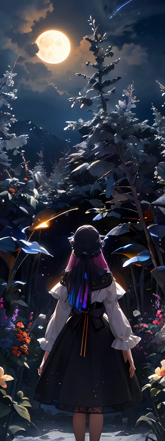 Expansive landscape photograph, (view from below with a view of the sky and wilderness below), little girl standing in a flower field looking up, (full moon: 1.2), (shooting star: 0.9), (nebula: 1.3), distant mountain, tree break production art, (warm light source: 1.2), (firefly: 1.2), lamp, purple and orange, intricate detail, volume lighting, realism break (masterpiece: 1.2) (Best Quality), 4K, Ultra-Detailed, (Dynamic Configuration: 1.4), Highly Detailed and Colorful Details, (Iridescent Colors: 1.2), (Glowing Lighting, Atmospheric Lighting), Dreamy, Magical, (Solo: 1.2)