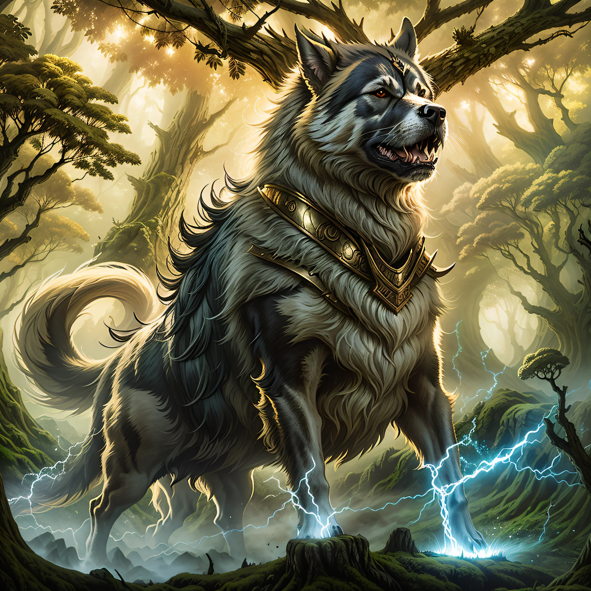 A brave and fearless warrior dog, in an epic fantasy world, is about to face an imposing giant in a mysterious forest. The dog is equipped with shiny armor and wielding a magic sword. His stance is firm and determined, showing his determination to protect his kingdom. The surrounding forest is filled with ancient and enigmatic trees, creating an atmosphere of suspense and mystery. The air is electrified with the energy of impending battle. The setting overflows with fantasy elements such as mystical creatures and ancient ruins. Sunlight penetrates through the treetops, casting beams of golden light over the scene, highlighting the details of the impending fight. Create an image that captures the emotion, grandeur and intensity of this epic confrontation.