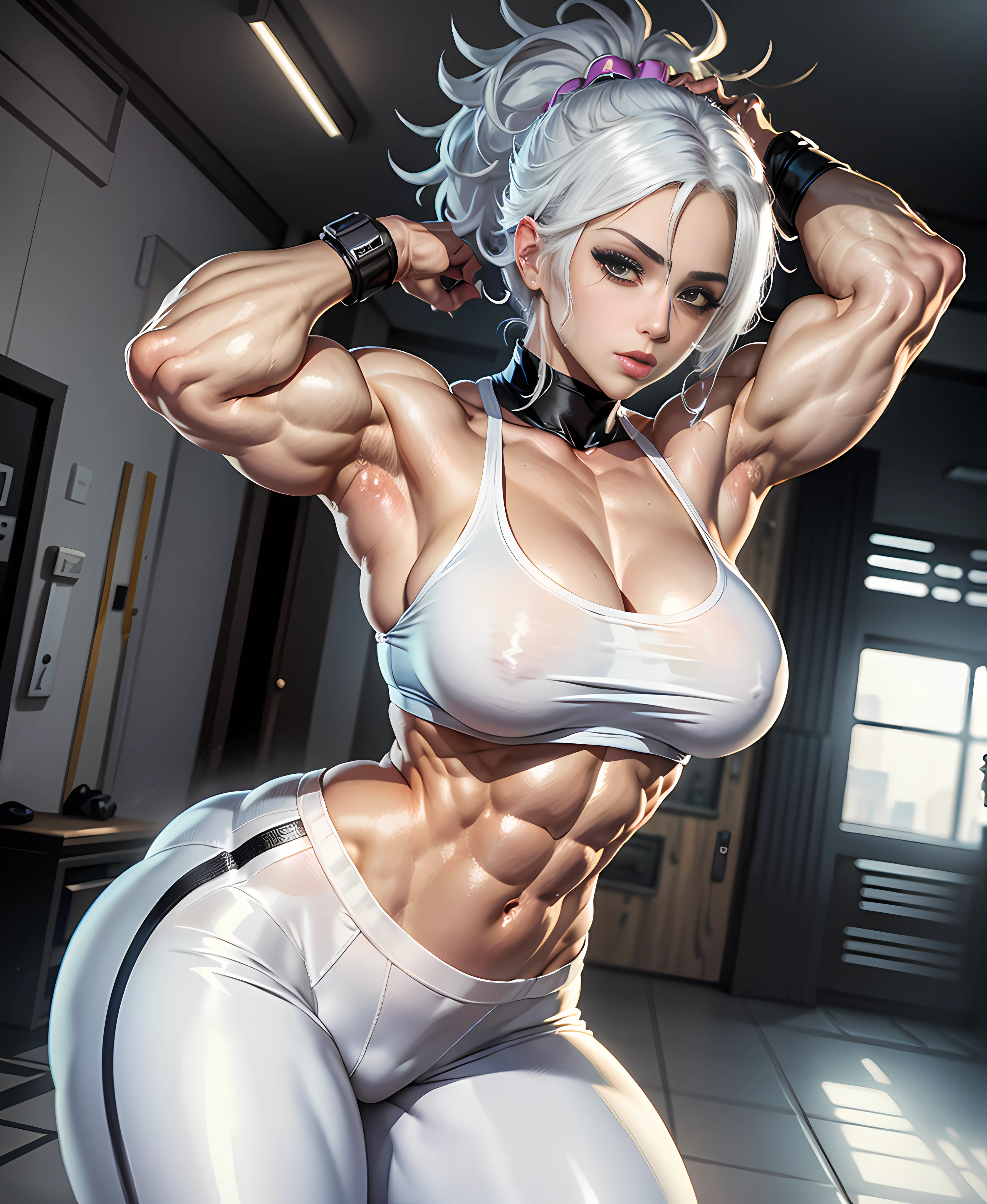 anime - style drawing of a woman with white hair and a white bra top and white pants, short messy hair, (eyepatch,one eye covered),very muscular! white, commission for high res, muscular girl, muscular!!, oc commission, muscular!! sci-fi, strong pose, most strongest pose, thicc, super buff and cool, 2 b, 2b, (sfw) safe for work, sfw version, feminine and muscular