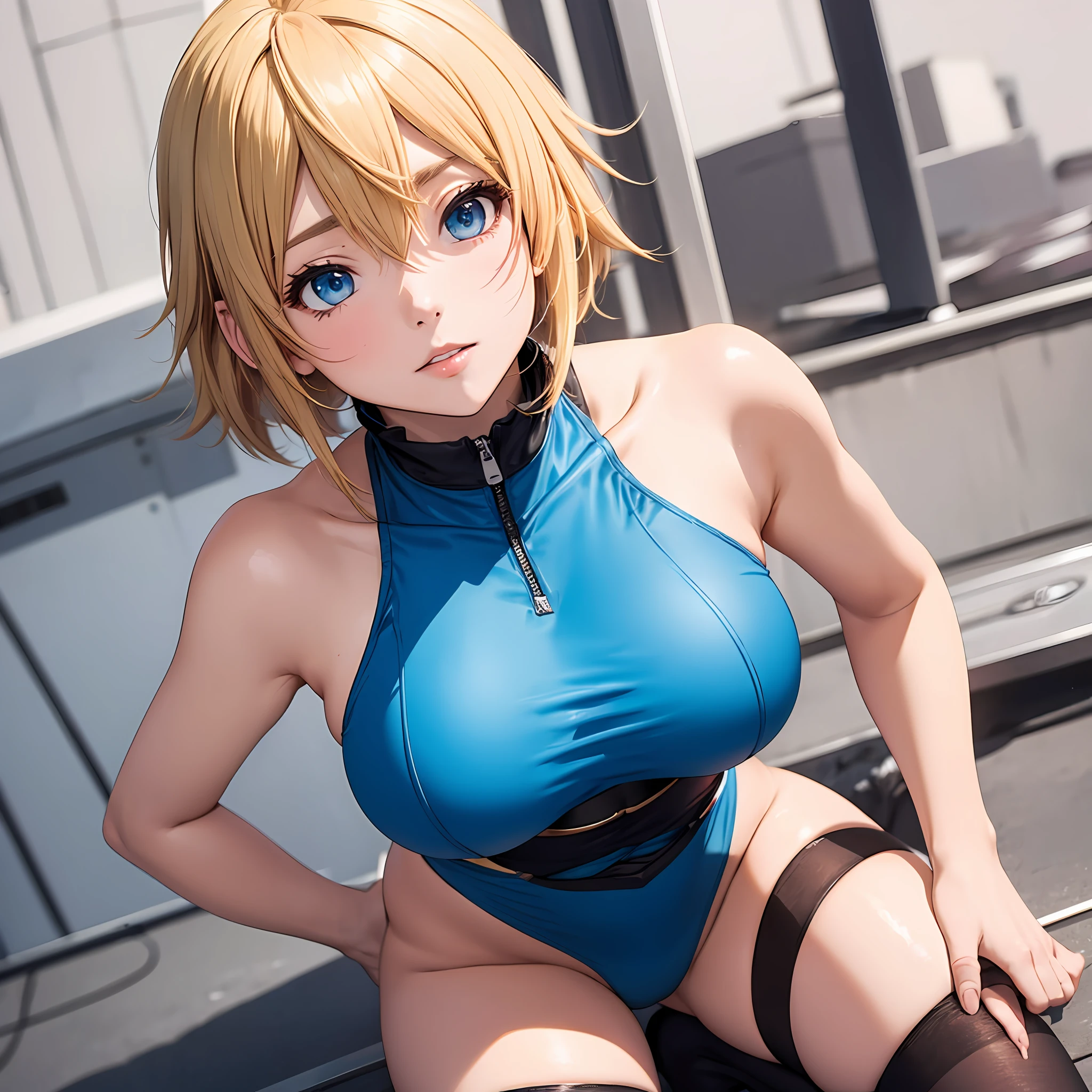 Charlotte Dunois Black Leotard High Neck Short Hair Blonde Ponytail Big Tits Blue Eyes Solo Thigh Socks --auto