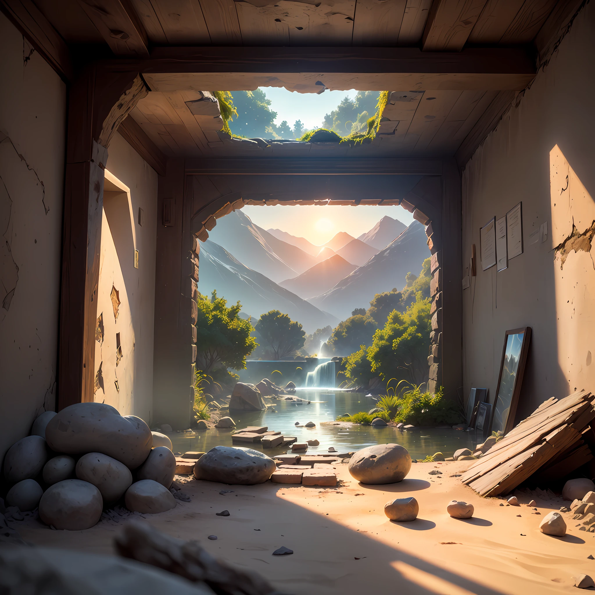 Realistic drawing, Computer visualized graphics, realistic fantasy, Extensive landscape ultra photography (general view, which shows the room, half-wall, (walls, dilapidated walls, ceiling, stone steps leading to the bottom, a small stone ruined platform, a collapsed fountain, dried water, broken wooden railings, at the bottom a ruined fountain in the form of a bowl, stones, sand, ), darkness, night, blurred background, gloomy, blue, dark, purple background, gray, cold, magical, "Majestic mountains," "Lush forests," "Glittering lakes," "Desert dunes," "Golden sunsets. --auto