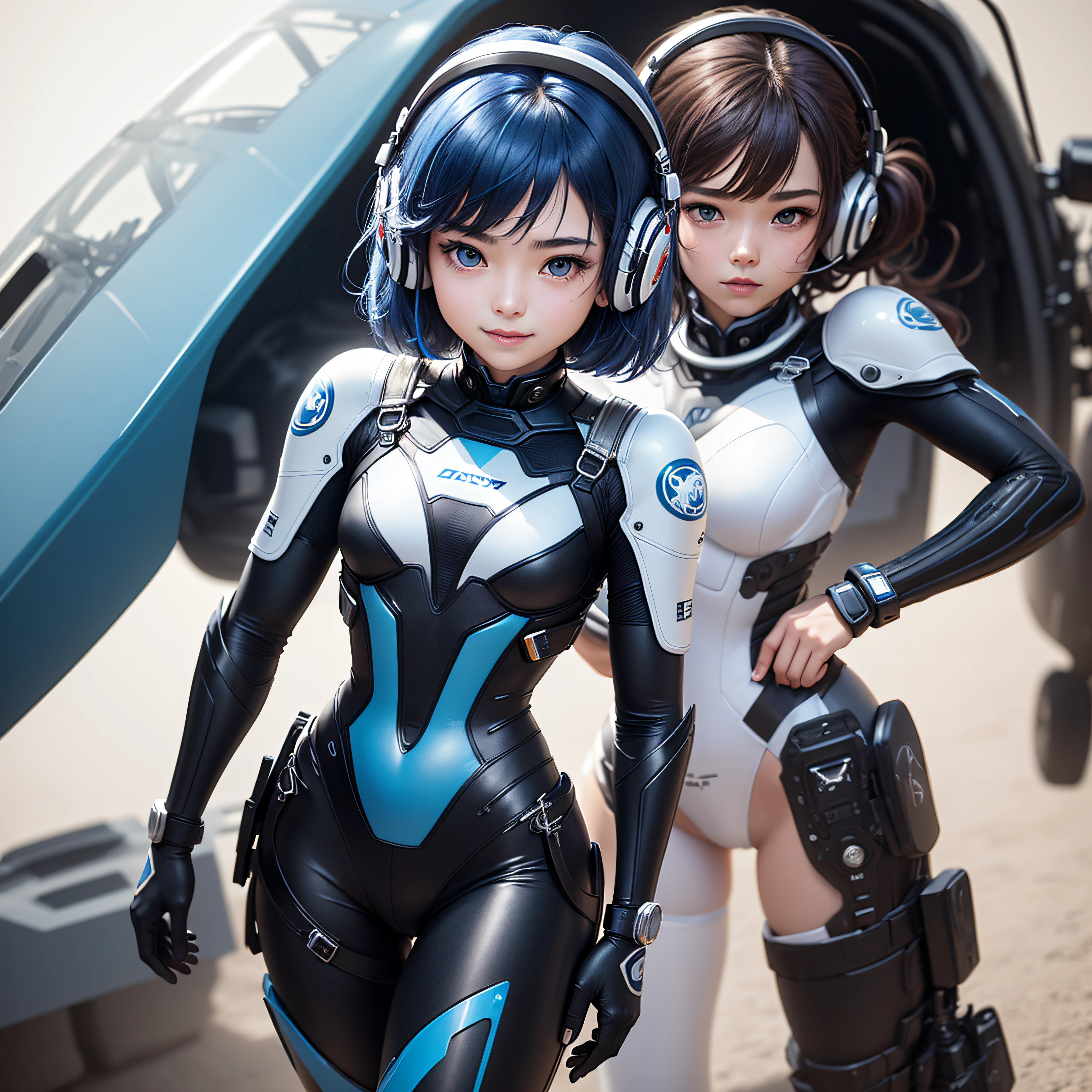 (masterpiece, highest quality, highest resolution, distinct_image, detailed details): (Solo, lone girl, face is Japan person, short cut, blue-haired girl, full body figure, (perfect body: 1.4), sparkly blue color eyes, pilot suit in white and blue color, tight fit clothes, clothes covering the whole body, very delicate and beautiful, detailed skin, slim body, exoskeleton, Gentle smile, heroine, headset, boots)