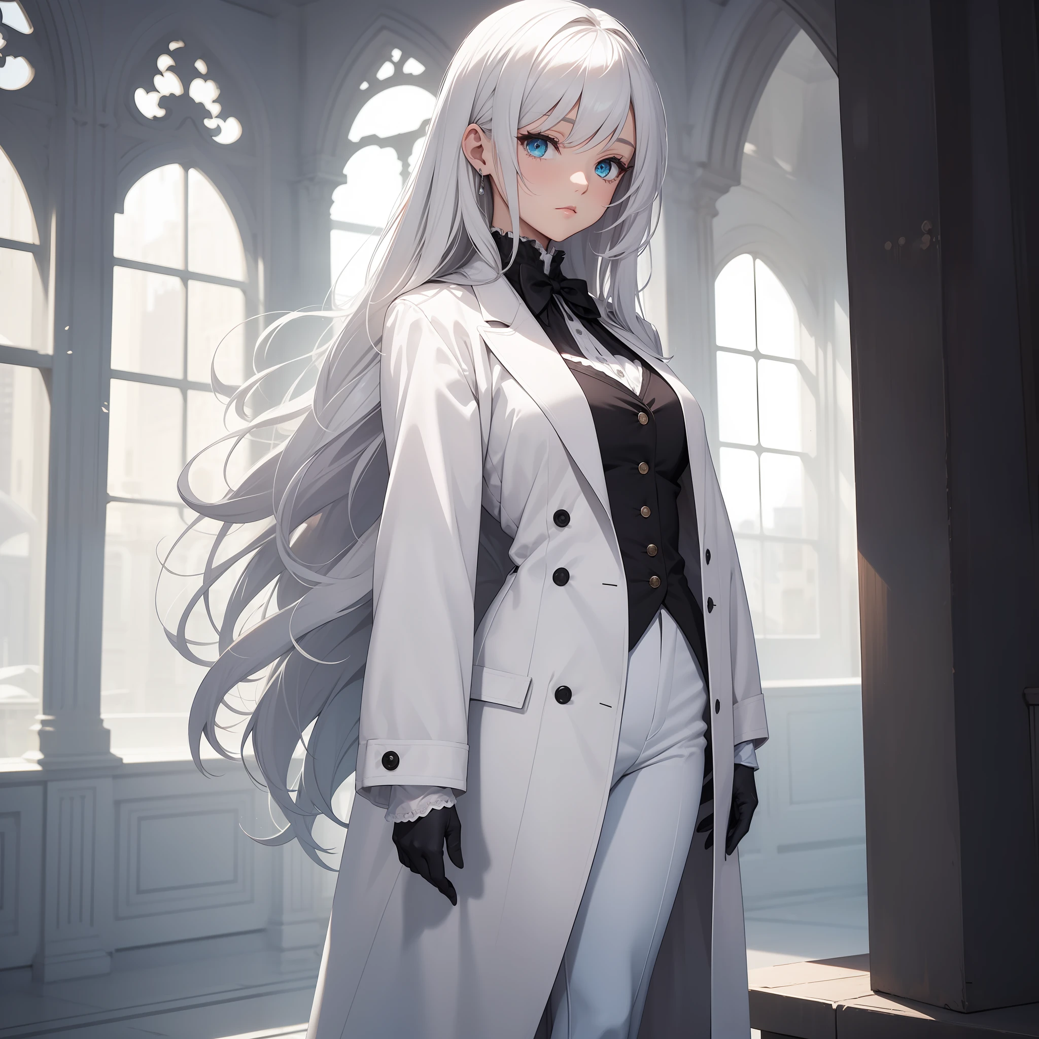solo female, white coat, white shirt, black vest, white pants, white hair, long hair, blue eyes, white gloves, Victorian setting, full body view