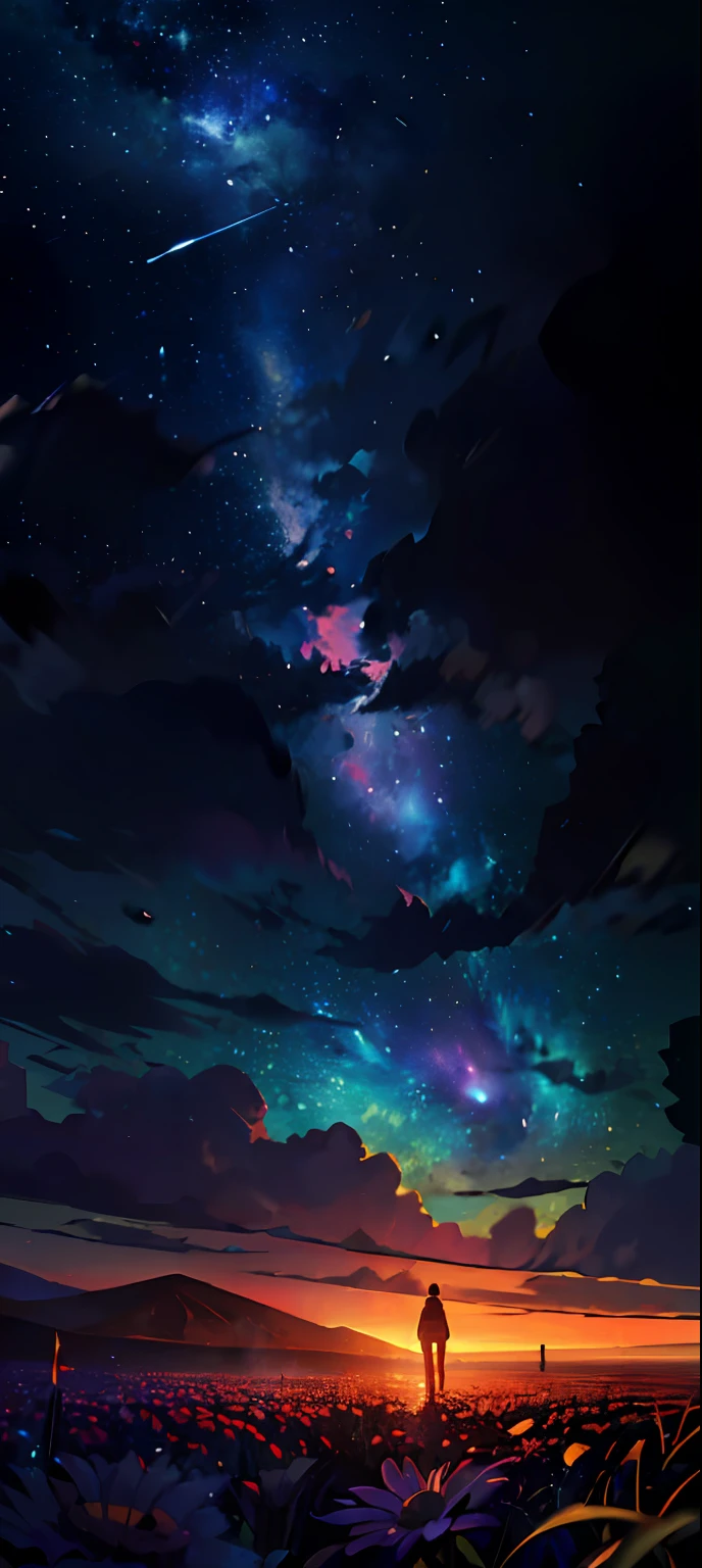 A wide landscape photo, (viewed from below, the sky is above, and the open field is below), a girl standing on a flower field looking up, (full moon: 1.2), (meteor: 0.9), (nebula: 1.3), distant mountains , Trees BREAK Crafting Art, (Warm Light: 1.2), (Firefly: 1.2), Lights, Lots of Purple and Orange, Intricate Details, Volumetric Lighting BREAK (Masterpiece: 1.2), (Best Quality), 4k, Ultra Detailed, (Dynamic Composition: 1.4), Rich in Detail and Color, (Rainbow Color: 1.2), (Glow, Atmospheric Lighting), Dreamy, Magical, (Solo: 1.2)