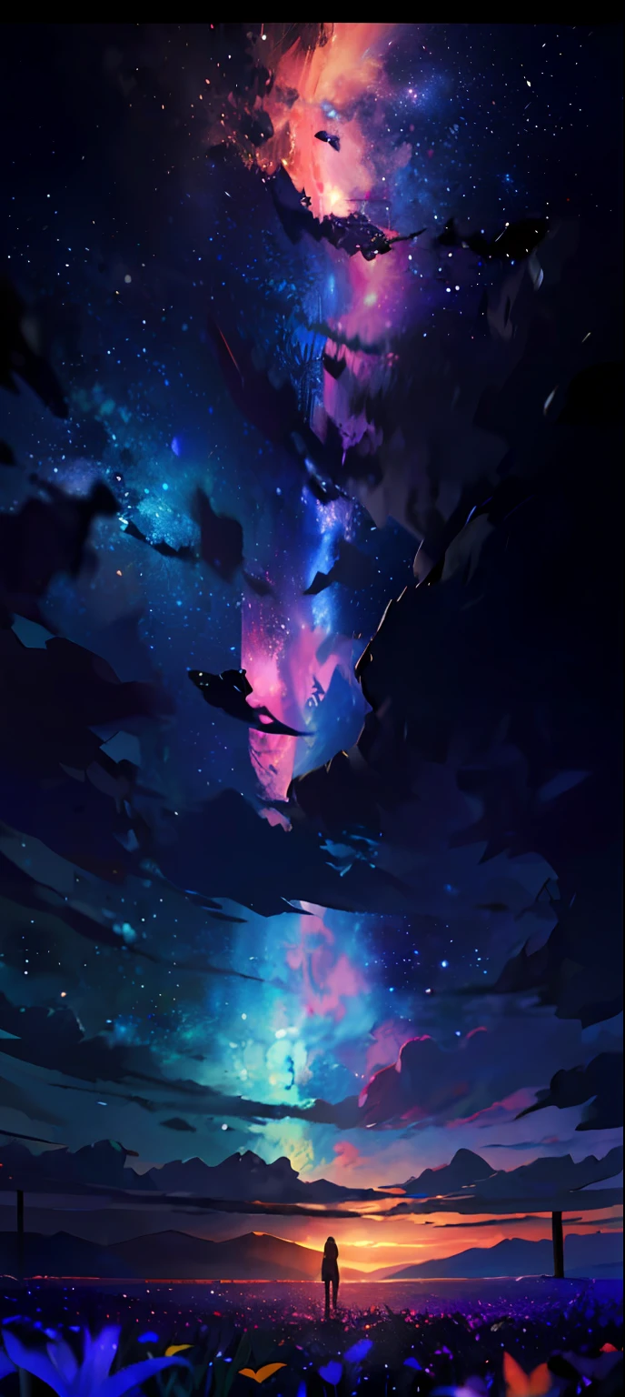 A wide landscape photo, (viewed from below, the sky is above, and the open field is below), a girl standing on a flower field looking up, (full moon: 1.2), (meteor: 0.9), (nebula: 1.3), distant mountains , Trees BREAK Crafting Art, (Warm Light: 1.2), (Firefly: 1.2), Lights, Lots of Purple and Orange, Intricate Details, Volumetric Lighting BREAK (Masterpiece: 1.2), (Best Quality), 4k, Ultra Detailed, (Dynamic Composition: 1.4), Rich in Detail and Color, (Rainbow Color: 1.2), (Glow, Atmospheric Lighting), Dreamy, Magical, (Solo: 1.2)