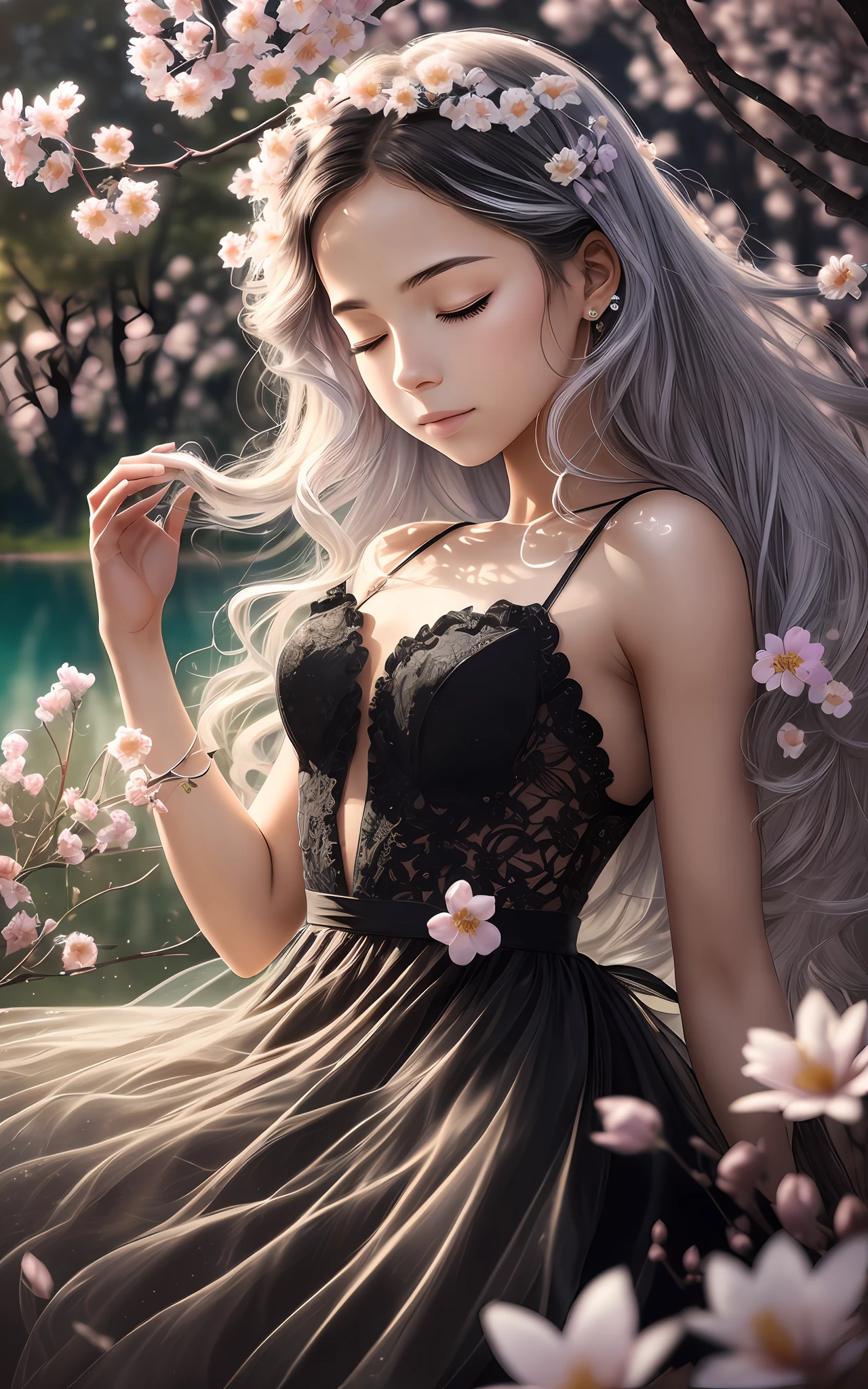 award winning 64k concept art of (black 1girl:1.3) in majestic open dress made of flowers near the lake, sweet, posing, epic, god rays, centered, upper body, (masterpiece:1.2), (best quality:1.3), Amazing, highly detailed, beautiful, finely detailed, warm soft color grading, Depth of field, extremely detailed 64k, fine art, stunning, iridescent, (shiny:1.2), (light reflections:1.3), (crisp:1.6), silver curls, spring, vibrant, sunlit, (edge detection:1.4), absurdres, impressive, 120mm, closed eyes, glittering, frills, extremely clear, trees