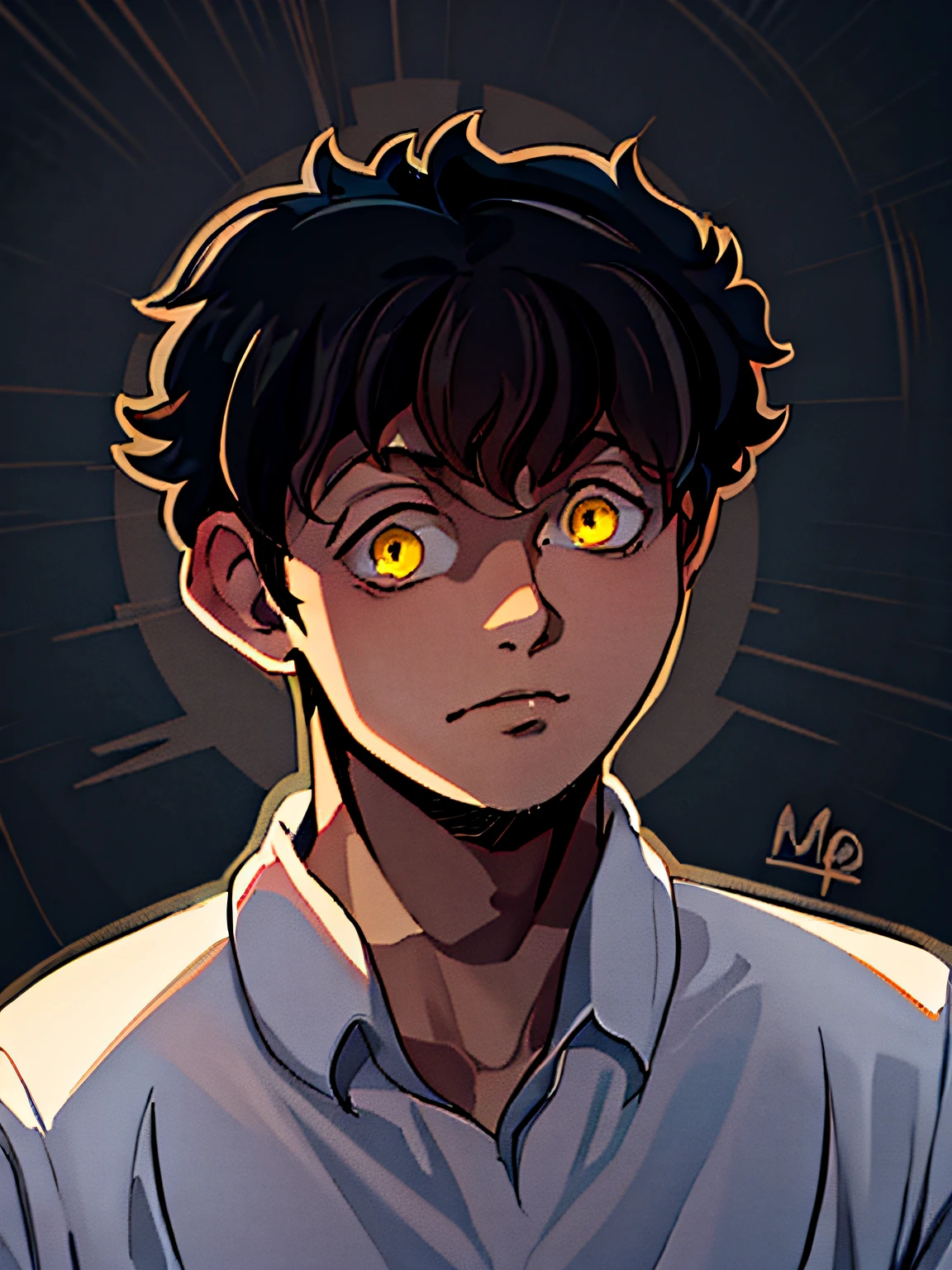 anime boy with black hair and yellow eyes in a white shirt, inspired by Okumura Masanobu, inspired by Munakata Shikō, inspired by Okumura Togyu, kentaro miura manga art style, kentaro miura art style, anime moe artstyle, shinji, in an anime style, anime style portrait