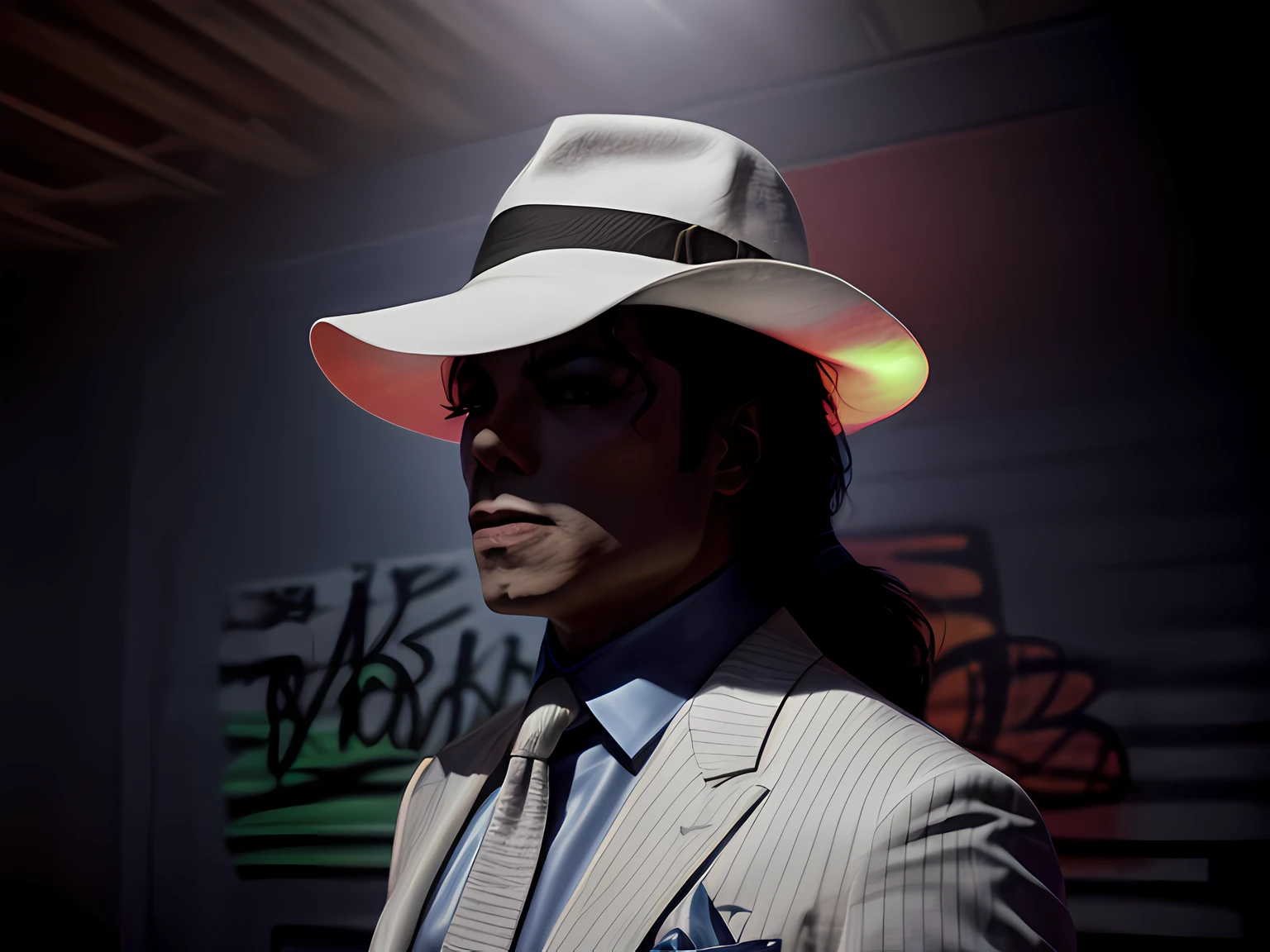 abstract graffiti painting of future barbarian close portait of a smoothcriminal michael jackson man in a white suit, cinematic lighting, intricate detail, very sharp, high quality, professional photography