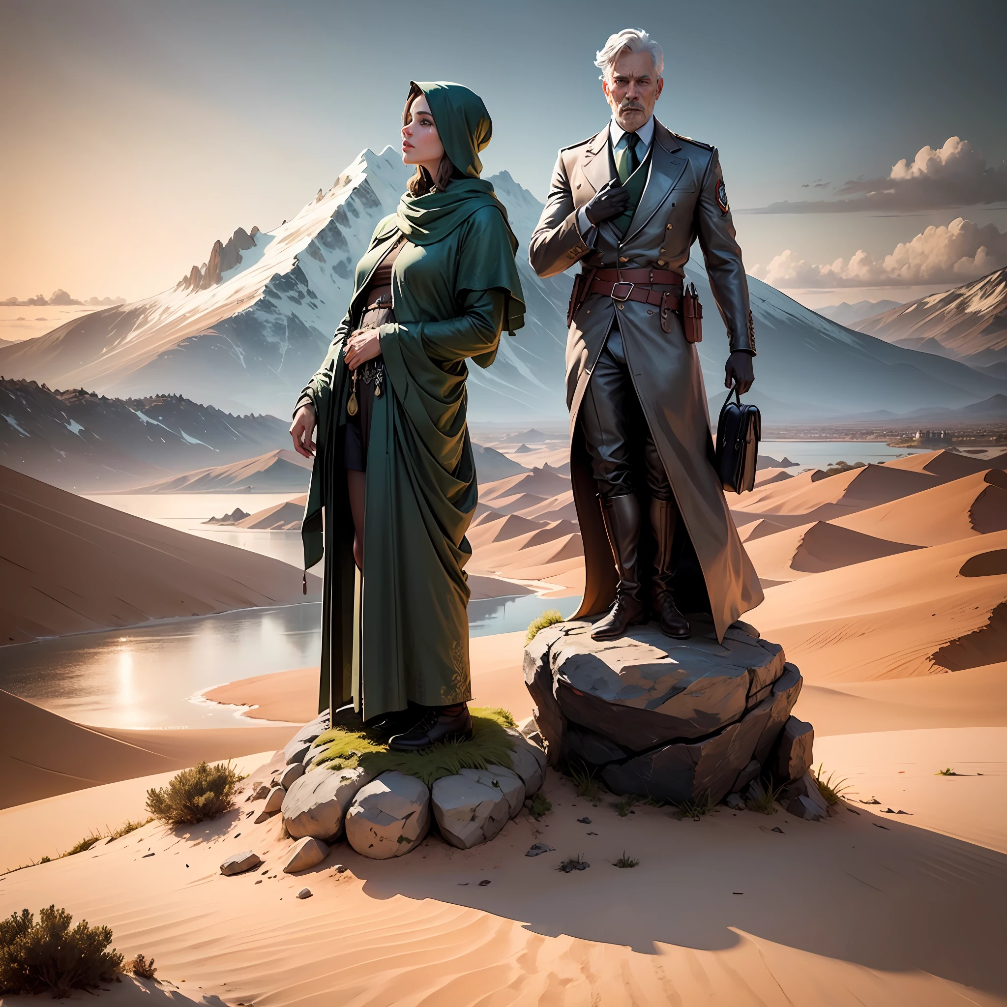 Realistic drawing, Computer visualized graphics, realistic fantasy, Extensive landscape ultra photography (general view, which shows an ivy-covered statue, a male statue, a military, gray mountains on the horizon appeared. ), darkness, night, blurred background, gloomy, blue, dark, gray, purple background, gray, cold, magical, "Majestic mountains," "Lush forests," "Glittering lakes," "Desert dunes," "Golden sunsets. --auto