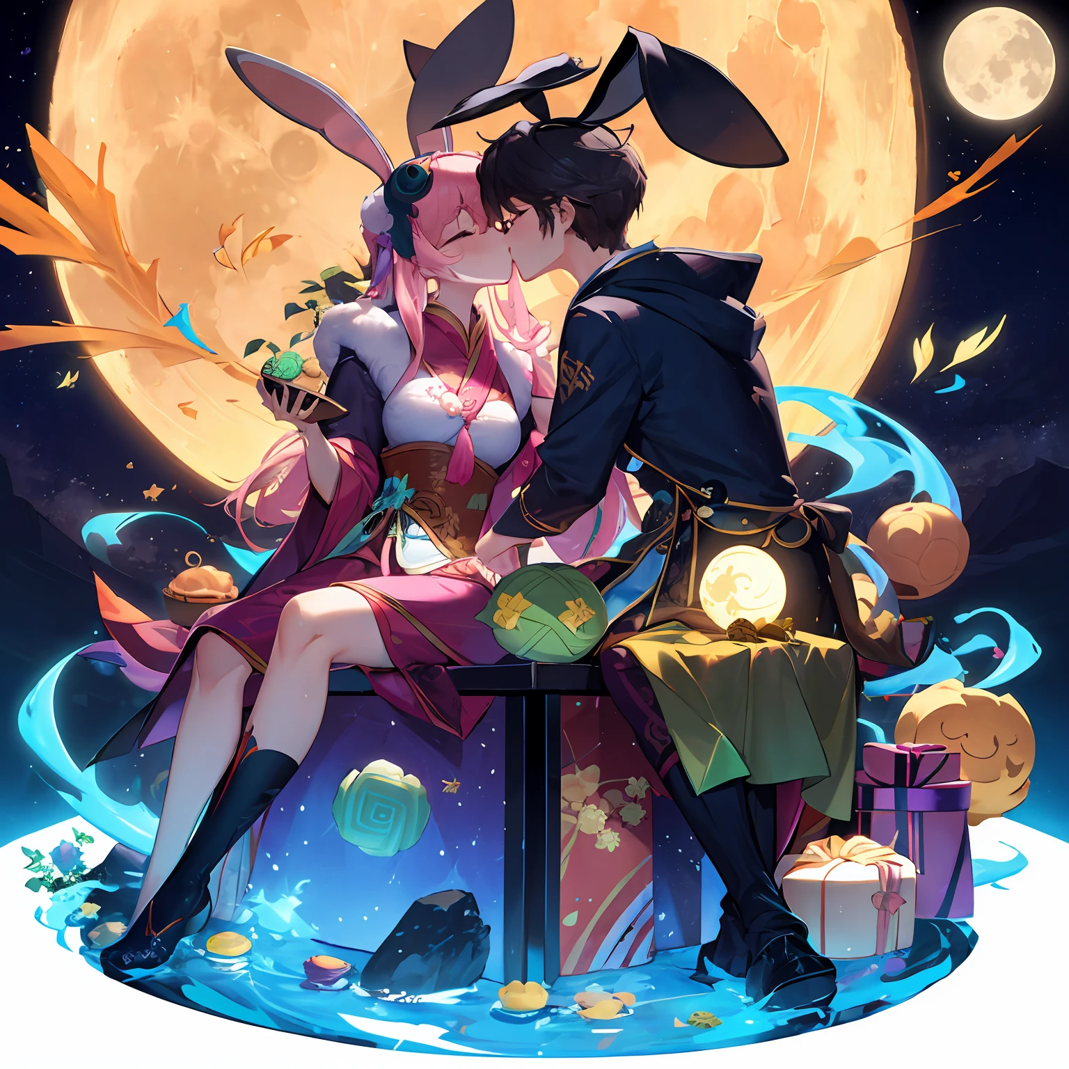 Jade rabbit, moon icon, two-dimensional style, Mid-Autumn Festival, mooncake, gift ribbon, pink light bar, ancient style handsome guy and Chang'e kissing --auto