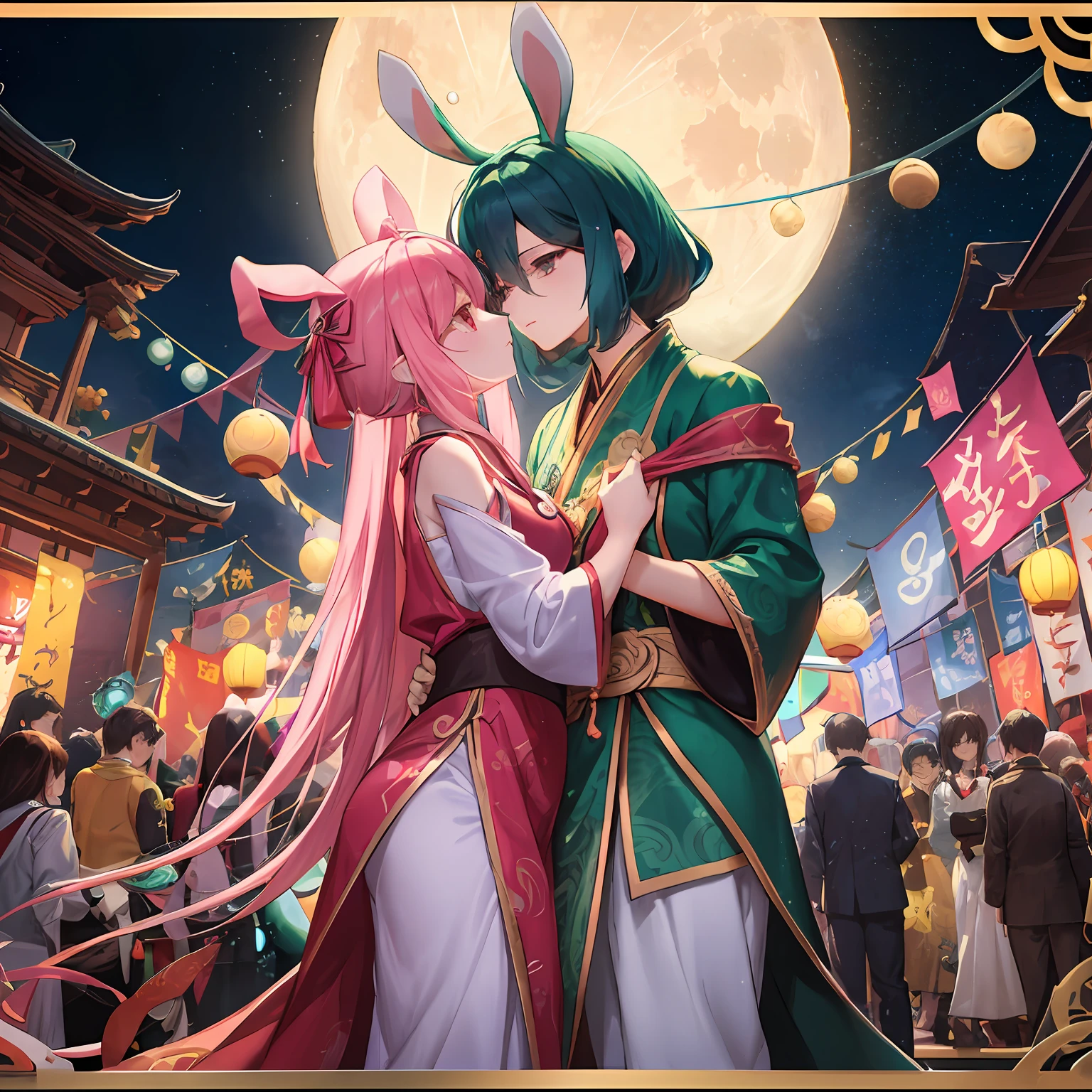 Jade rabbit, moon icon, two-dimensional style, Mid-Autumn Festival, mooncake, gift ribbon, pink light bar, ancient style handsome guy and Chang'e kissing --auto