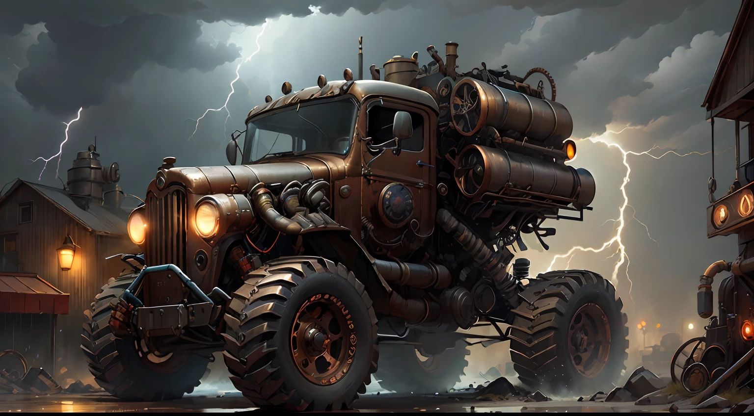 Steampunk AI a steampunk monster truck set in a industrial rainy thunder storm scene in amazing detail. Dynamic lighting. Digital art.