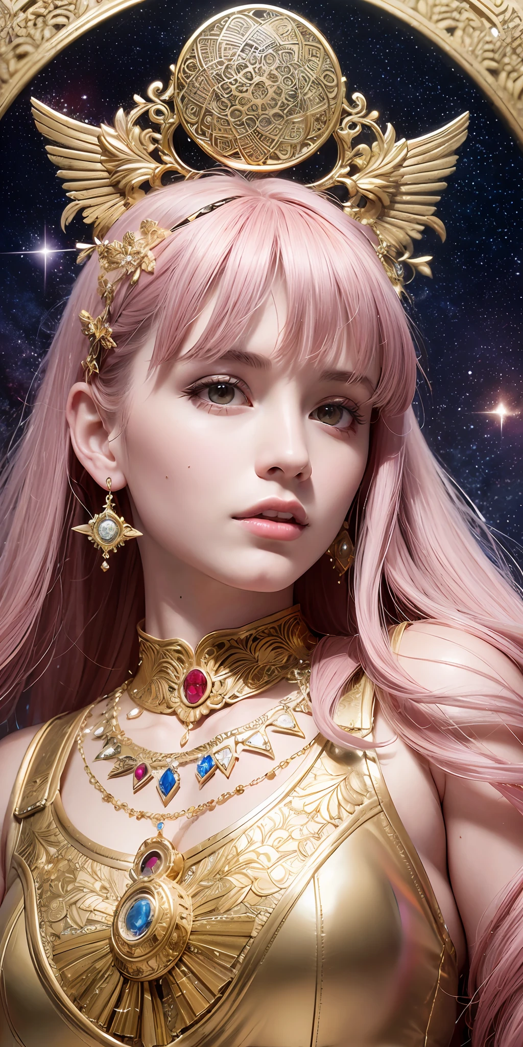 Athena, delicate facial features, pink hair, long hair with bangs, double leather eyes, teeth and lips, sleeveless and collarless, gorgeous costume dress, gemstone jewelry set with gold necklace jewelry, multiverse, fractal art, floating in space, phoenix, fiery red feathers, sharp animal eyes, circling around, astrolabe, flash, (mandala, tangled, entangled), holy light, gold leaf, from above, side view, ((super high quality 1.3)), ((super high resolution 1.3)), ((realistic photo: 1.4))