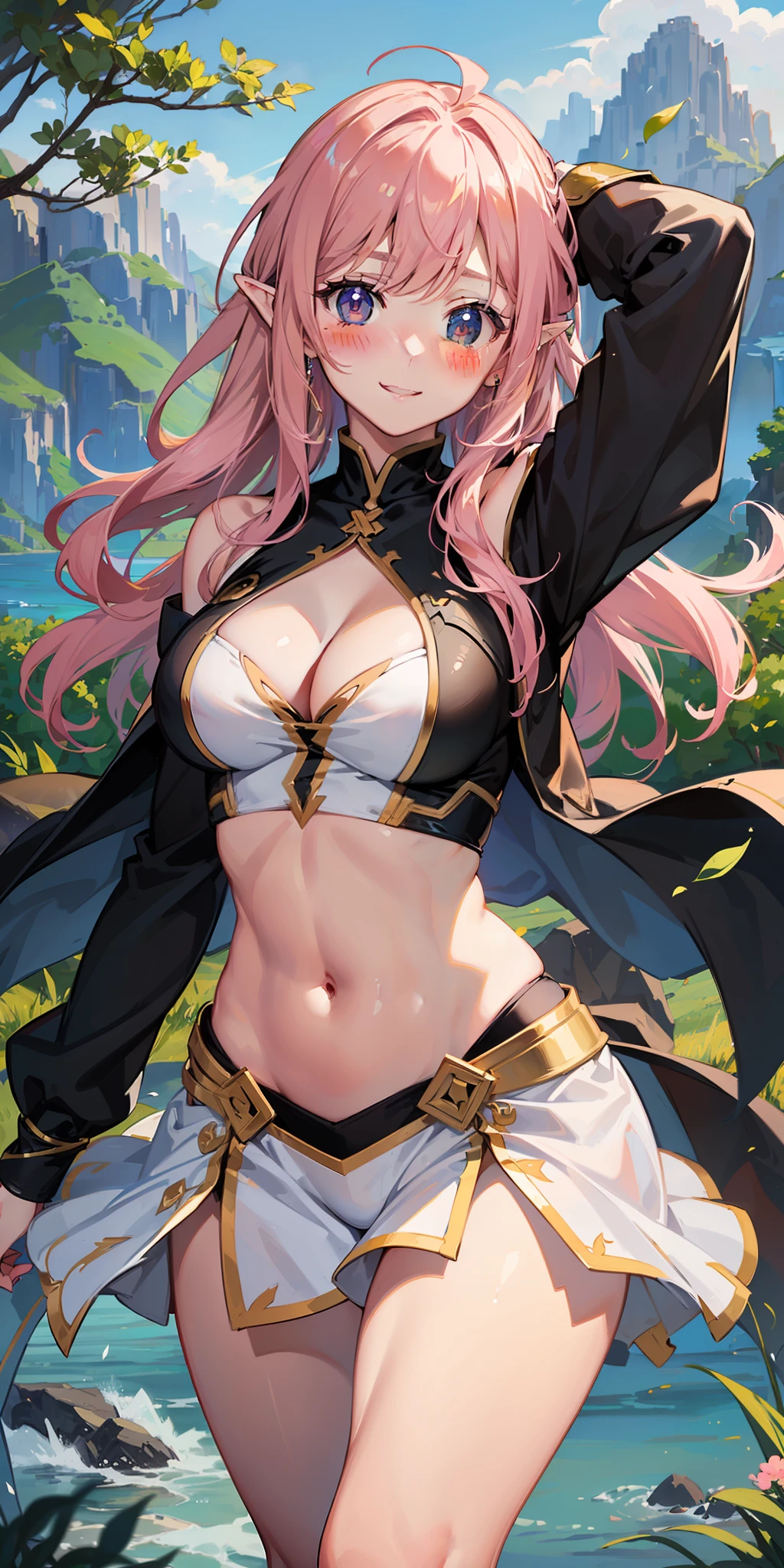 ((masterpiece)), ((best quality)), ((anime)) girl, (Lightning character (Final Fantasy), ((beautiful body)), pale skin, ((eyes)), eyebrow, (( ear)), happy, smile, hair, ((hair lights effect)), ((clothing)), (arms), thin waist, ((thick legs)), ((big thigh)), standing, ((background scenery)), ((seeing)), ((hair blowing)), ((field)), ((mountain)), ((rivers in the background)), ((leaves flying)), (( beautiful day)), pov, ((viewer view)), ((want to hug)), ((blush)), lustful,