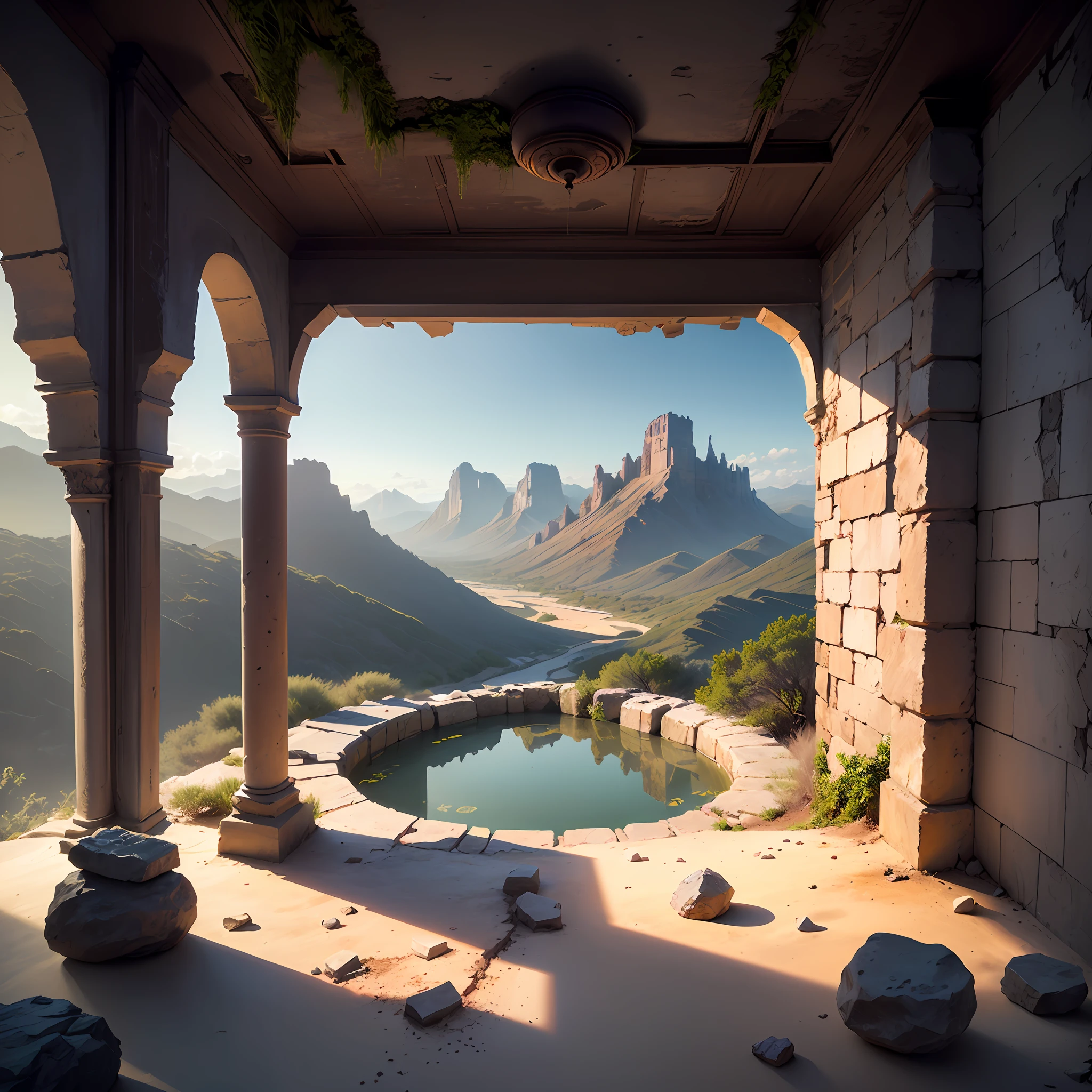Realistic drawing, Computer visualized graphics, realistic fantasy, Extensive landscape ultra photography (general view, which shows the room, half-wall, (walls, dilapidated walls, ceiling, stone steps leading to the bottom, a small stone ruined platform, a collapsed fountain, dried water, broken wooden railings, at the bottom a ruined fountain in the form of a bowl, stones, sand, ), darkness, night, blurred background, gloomy, blue, dark, purple background, gray, cold, magical, "Majestic mountains," "Lush forests," "Glittering lakes," "Desert dunes," "Golden sunsets. --auto